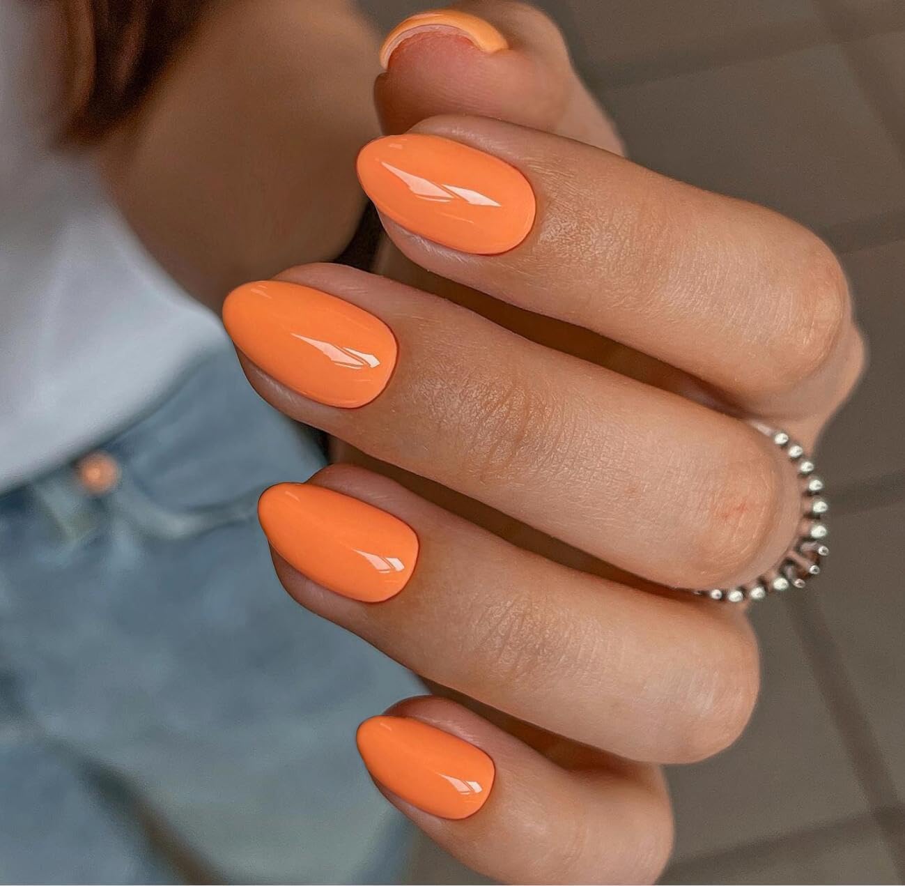 KQueenest Upgrade Thick Acrylic Press on Nails Short Oval, Classic Orange Fake Nails for Women Daily Thanksgiving Wear, UV Cover Acrylic Nails Press on Short Almond, Natural Glue on Nails in 24 Pcs