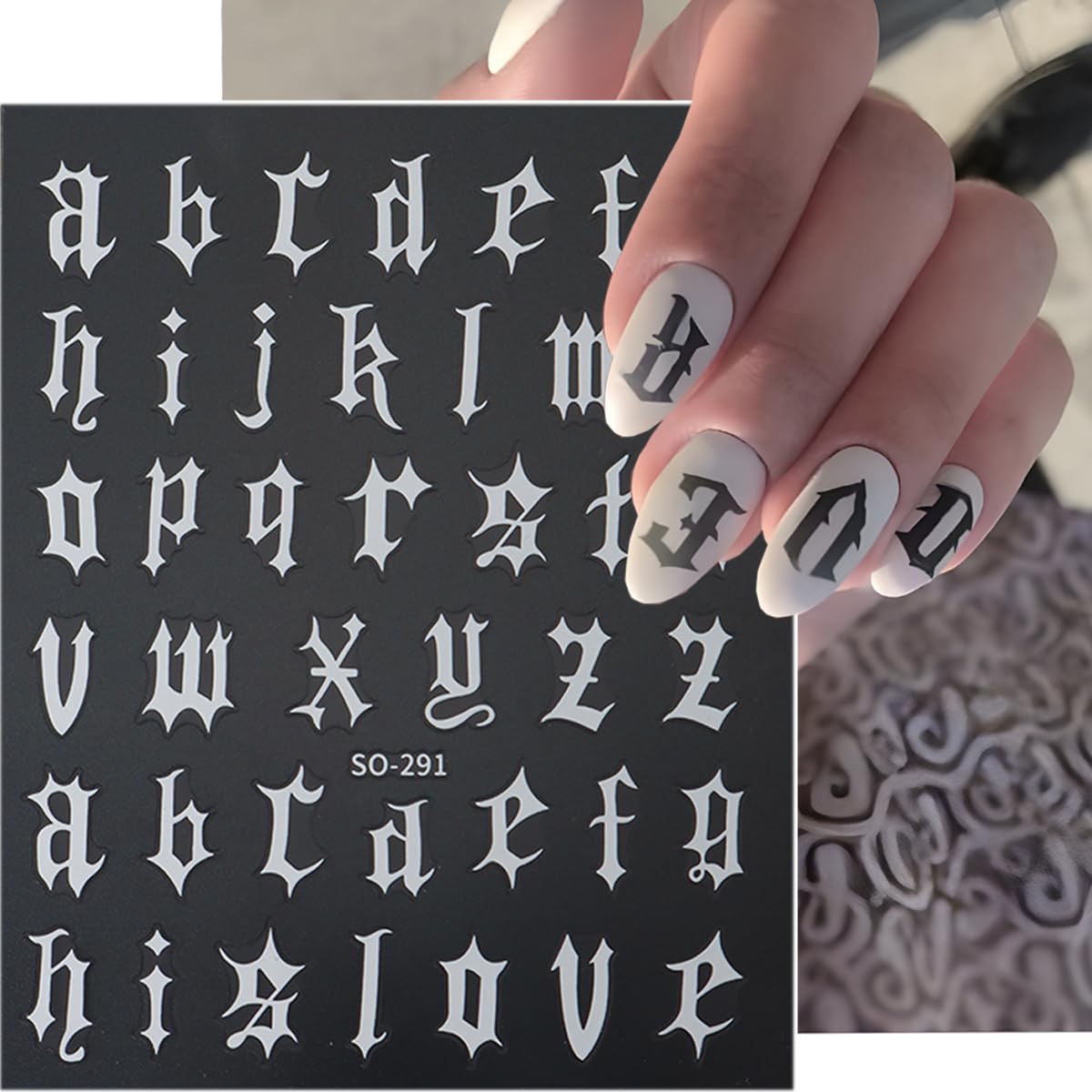 Retro English Letters Nail Stickers 3D Self Adhesive Old English Nail Art Stickers Black White Gold Silver Nails Design Decals Old Alphabet Nail Decorations for Women DIY Nails Supplies 8Sheets
