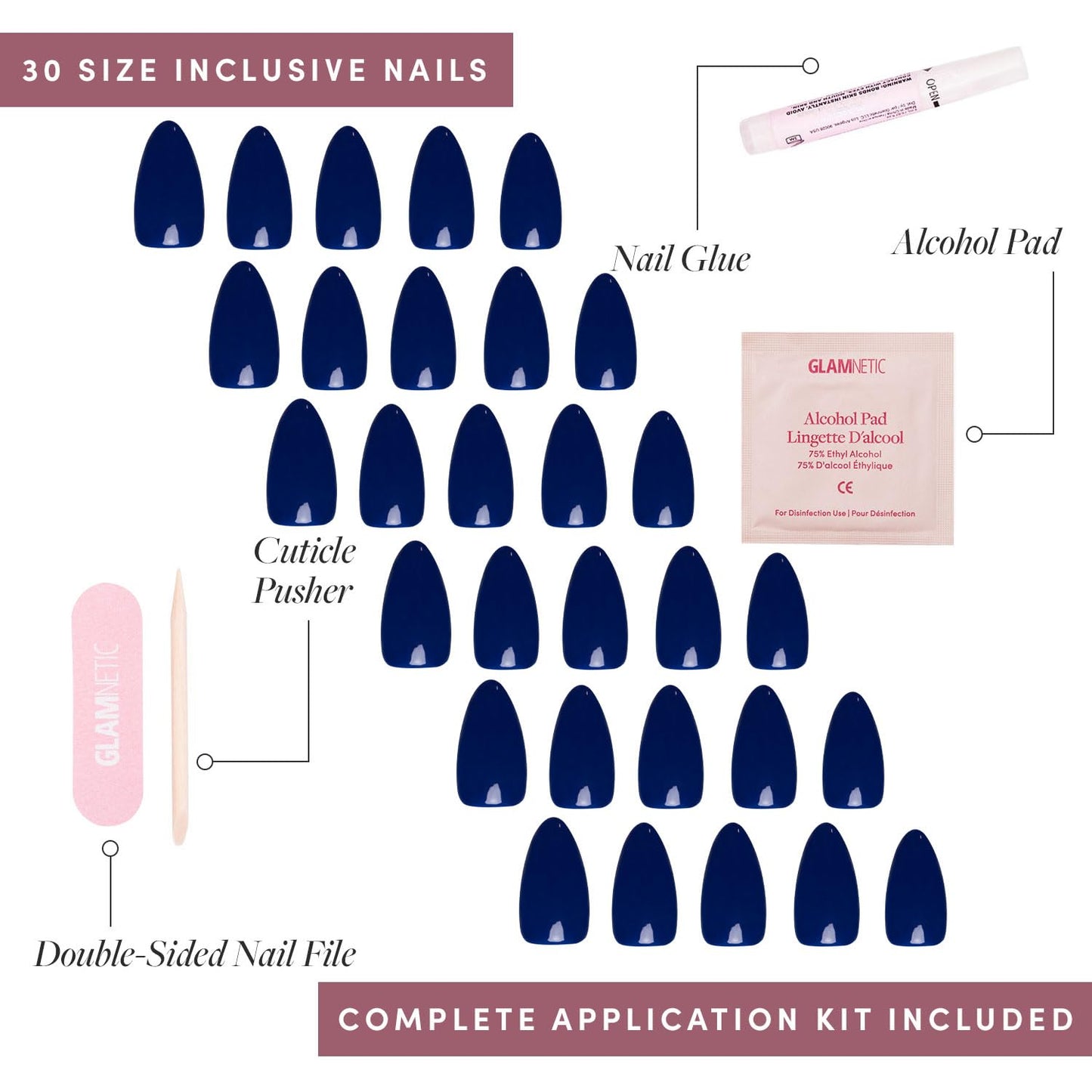 Glamnetic Press-On Nails Bundle - Midnight Blue & Fiery Red | Dark Navy Blue Short Almond False Nails | Bright Red Short Almond Fake Nails | Reusable, Salon-Quality Nail Kits