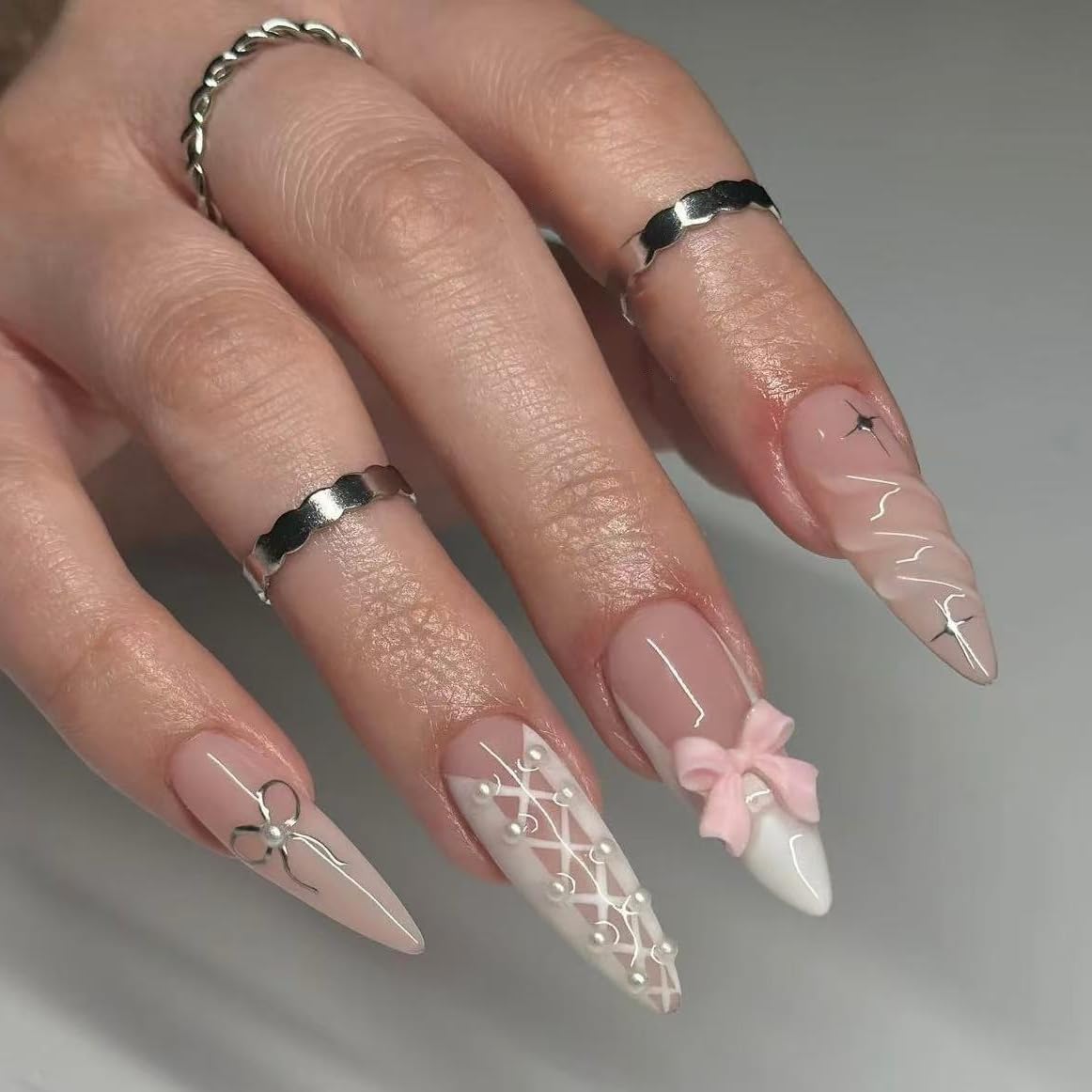 Handmade French Tip Press on Nail Almond Fake ons with Designs Chrome False Nails Long Glossy Full Cover Glue on Nails Stick Women Nails Manicure Decoration 10Pcs (MT-172-M)