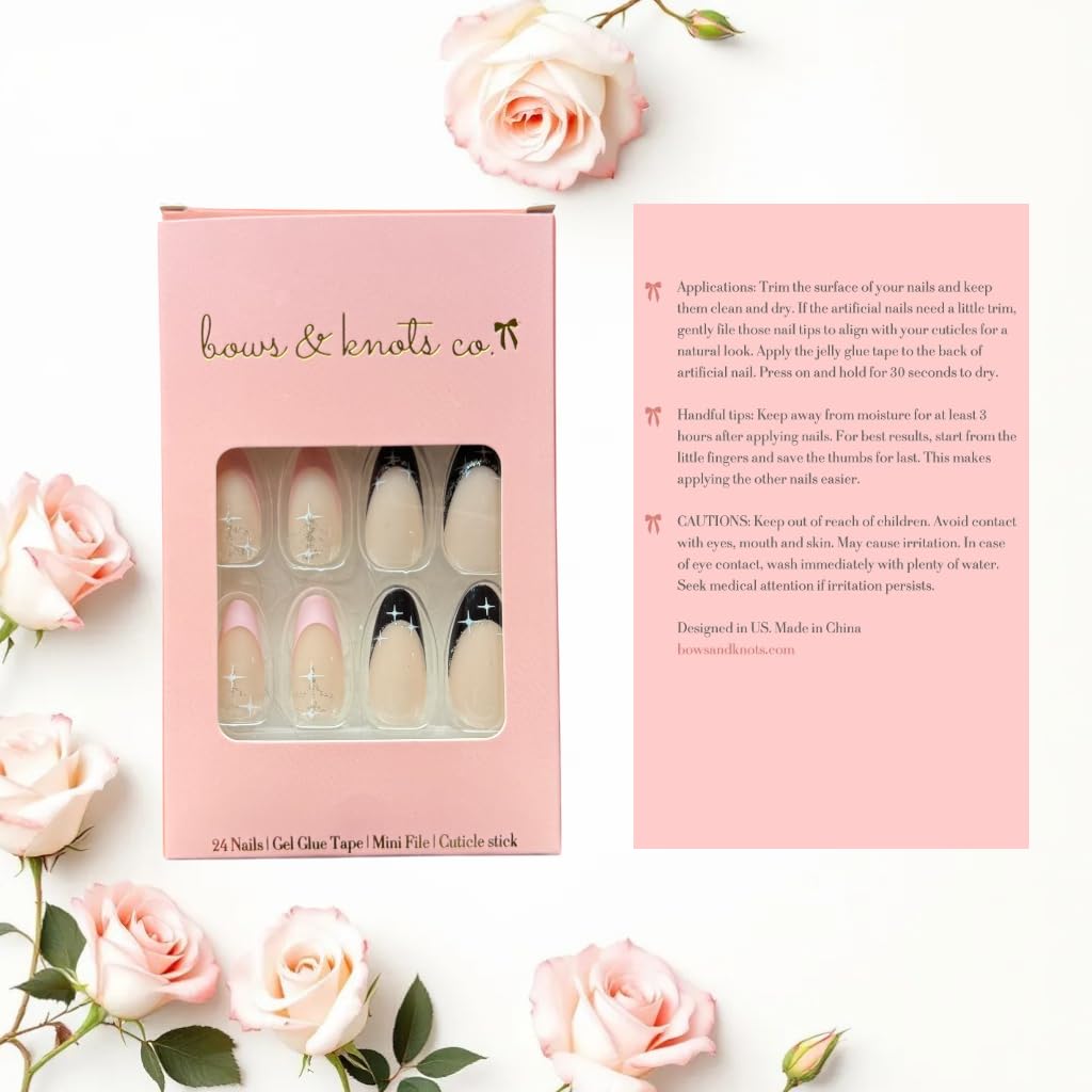 24 Pcs Press On Nails Short, Soft Gel Fake Nails, Glossy, Durable & Reusable, Easy to Apply Glue On Nails for Women By Bows And Knots