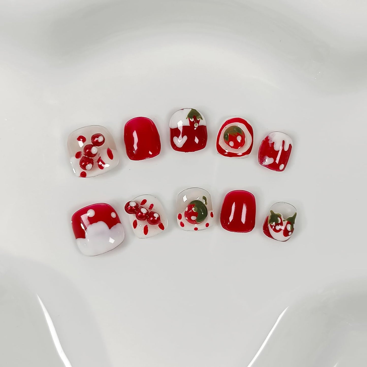 TENPAL Handmade Press on Nails for 3-12 Year Olds Girls,Resuable Gel Fake Nails with Tools for Children,Cute Nails with Lovely Strawberry Designs,Short Nails for Girls Kids Nail Art 10pcs Size(M)