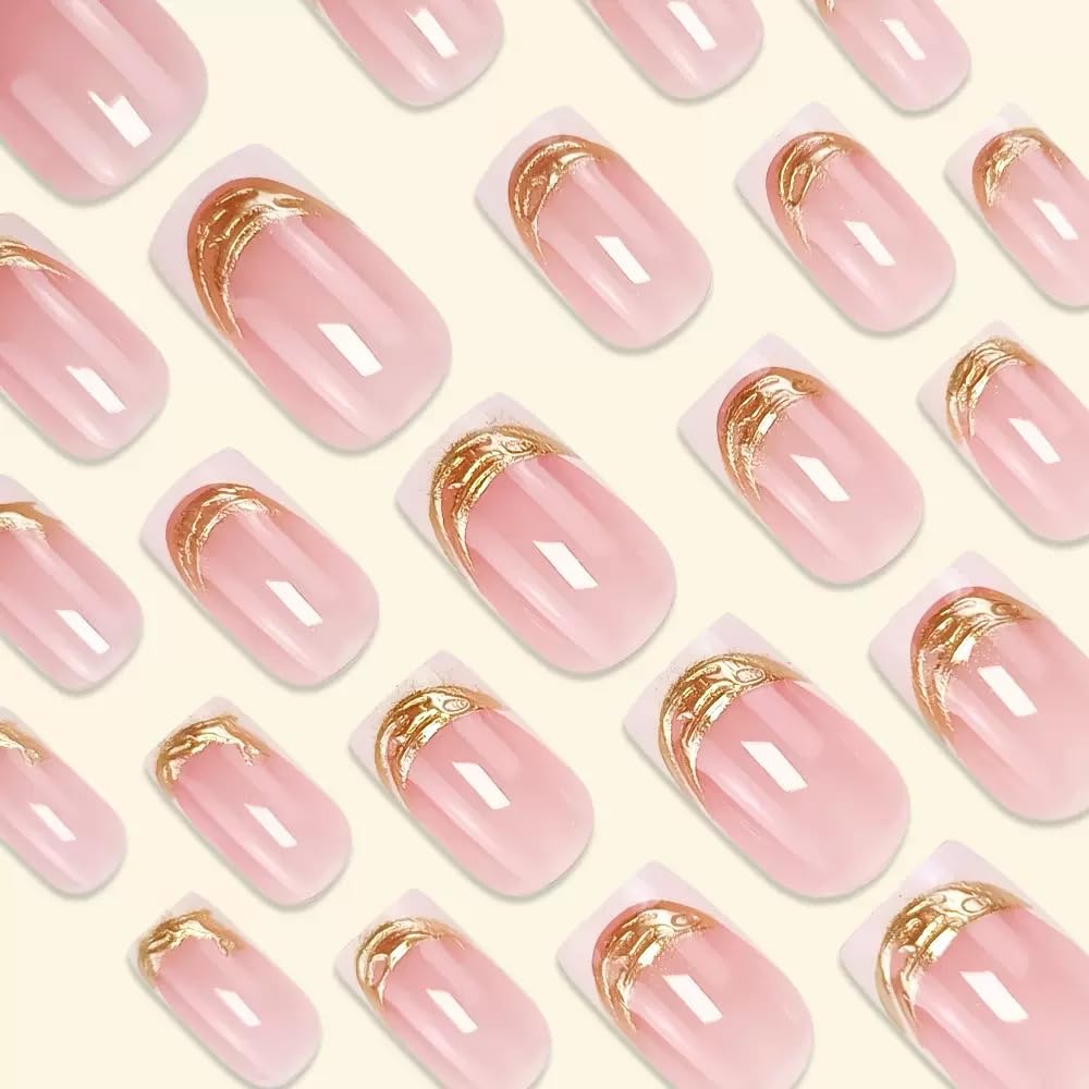 Square Press on Nails Medium - White French Tip Fake Nails with Gold Stripes Design - Glossy Full Cover Stick on Nails - for Women 24 Pcs