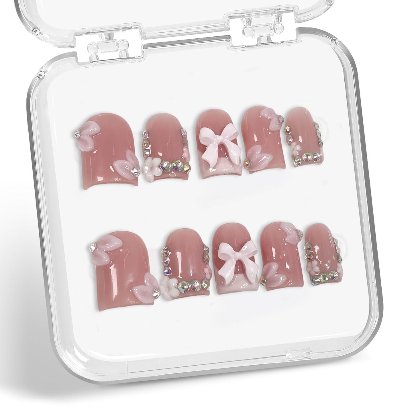 10 Pcs Handmade Press on Nails Short Square Fake Nails with 3D Bow Flower and Rhinestone Design Pink French Tip False Nail Muti-Layer Gel Artificial Nails Full Cover Stick on Nail for Women (S)