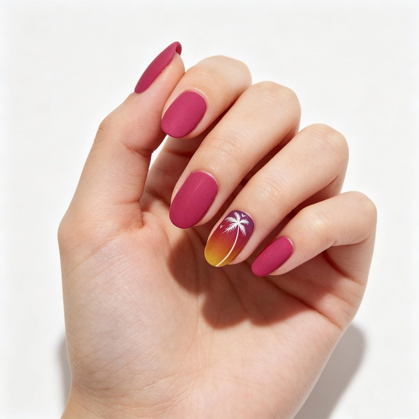 Palm Tree Press on Nails With Sunset Ocean Design, Medium Oval False Nails, Matte Pink Ombre Fake Nail Coconut Glue on Nail, Beach Stick on Reusable Acrylic Fingernails for Women Summer Daily Wear