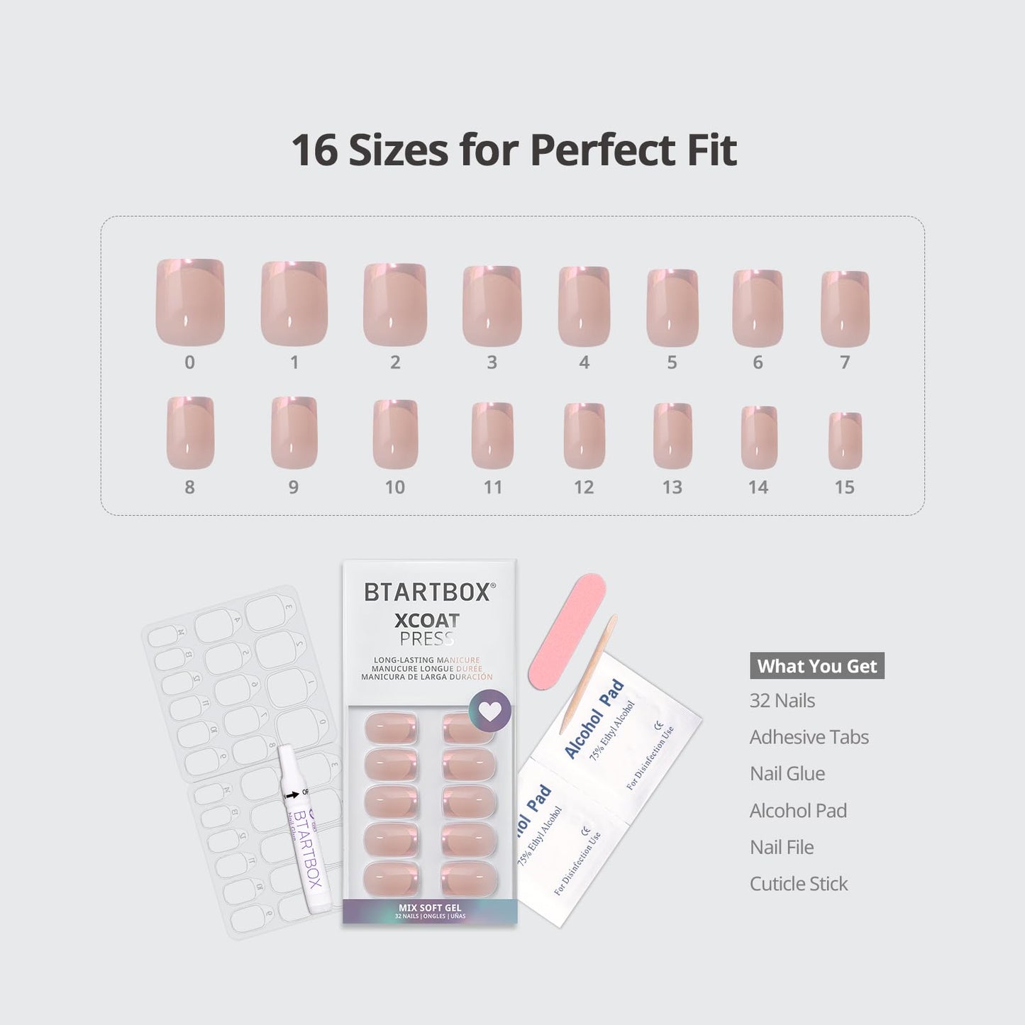 BTArtbox Press On Nails Short - Muted Glitz, Lamp-Curable Nude Chrome French Tip Square Press On Nails with Glue and Adhesive Tabs for Women in 16 Sizes - 32 Nails All-in-One Kit
