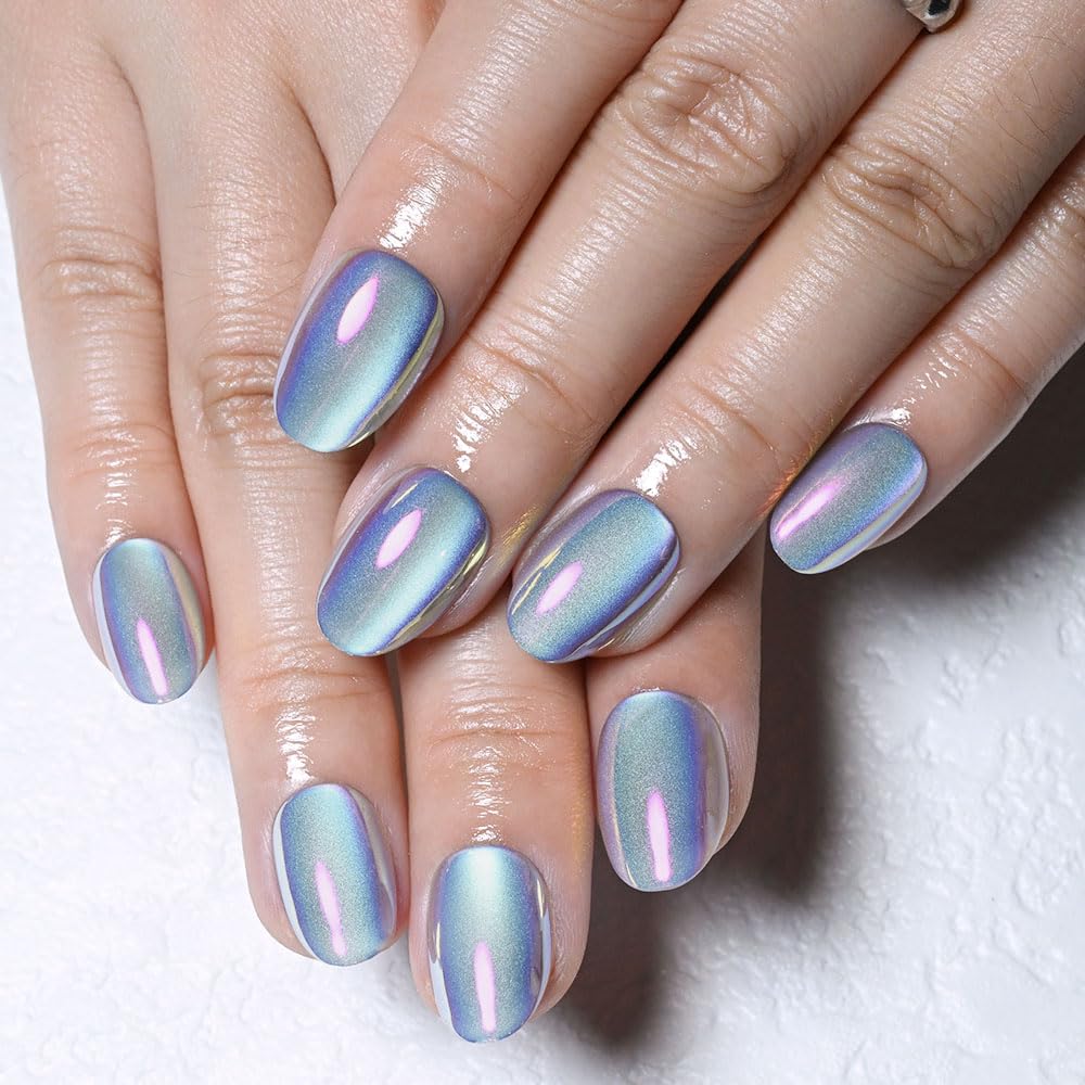 evpct Aqua Blue Cat Eye Chrome Press on Nails Short Oval No Glue with Aurora Design, Purple Holographic Short Oval Stick on Nails for Women Gift, Glossy Cat Eye Effect, Perfectly Fit Salon-quality