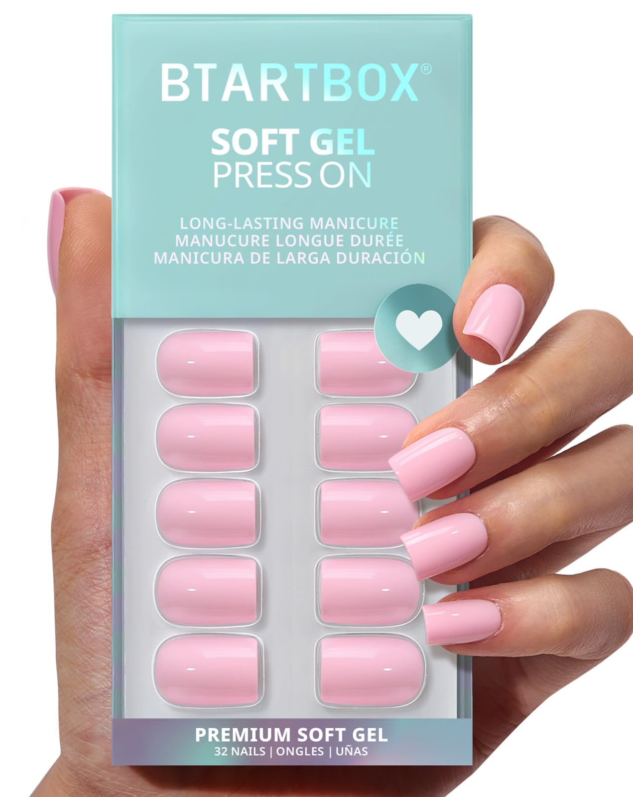 BTArtbox Extra Short Press On Nails - Mom Grace, Easy-to-Apply Pastel Pink Square Press On Nails with Glue and Adhesive Tabs in 16 Sizes - 32 Nails All-in-One Kit