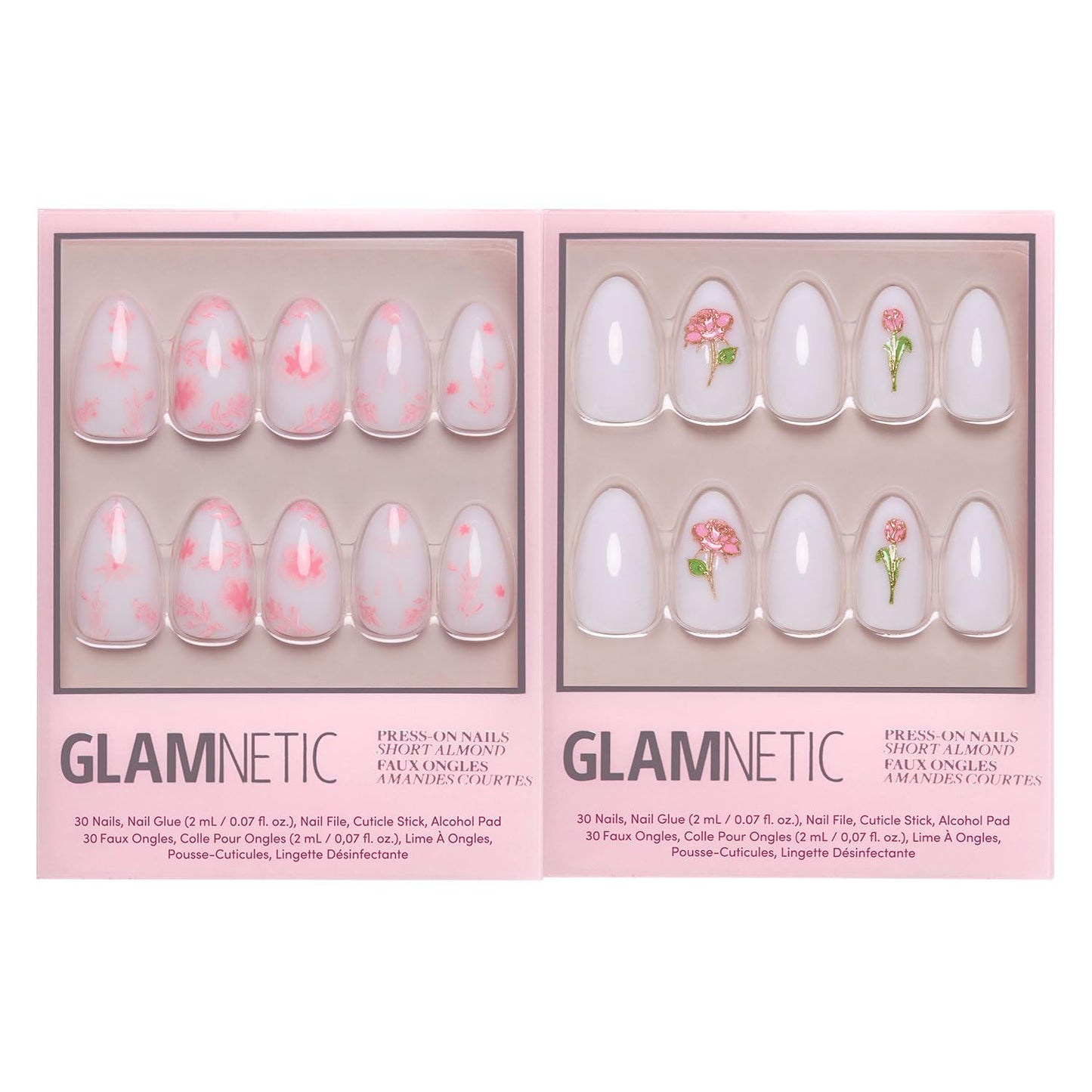 Glamnetic Press-On Nails Bundle - Flowers For You | 2 Short Almond Fake Nails with Romantic Floral Designs, Perfect For Valentine's Day | Durable, Salon-Quality Nail Kits