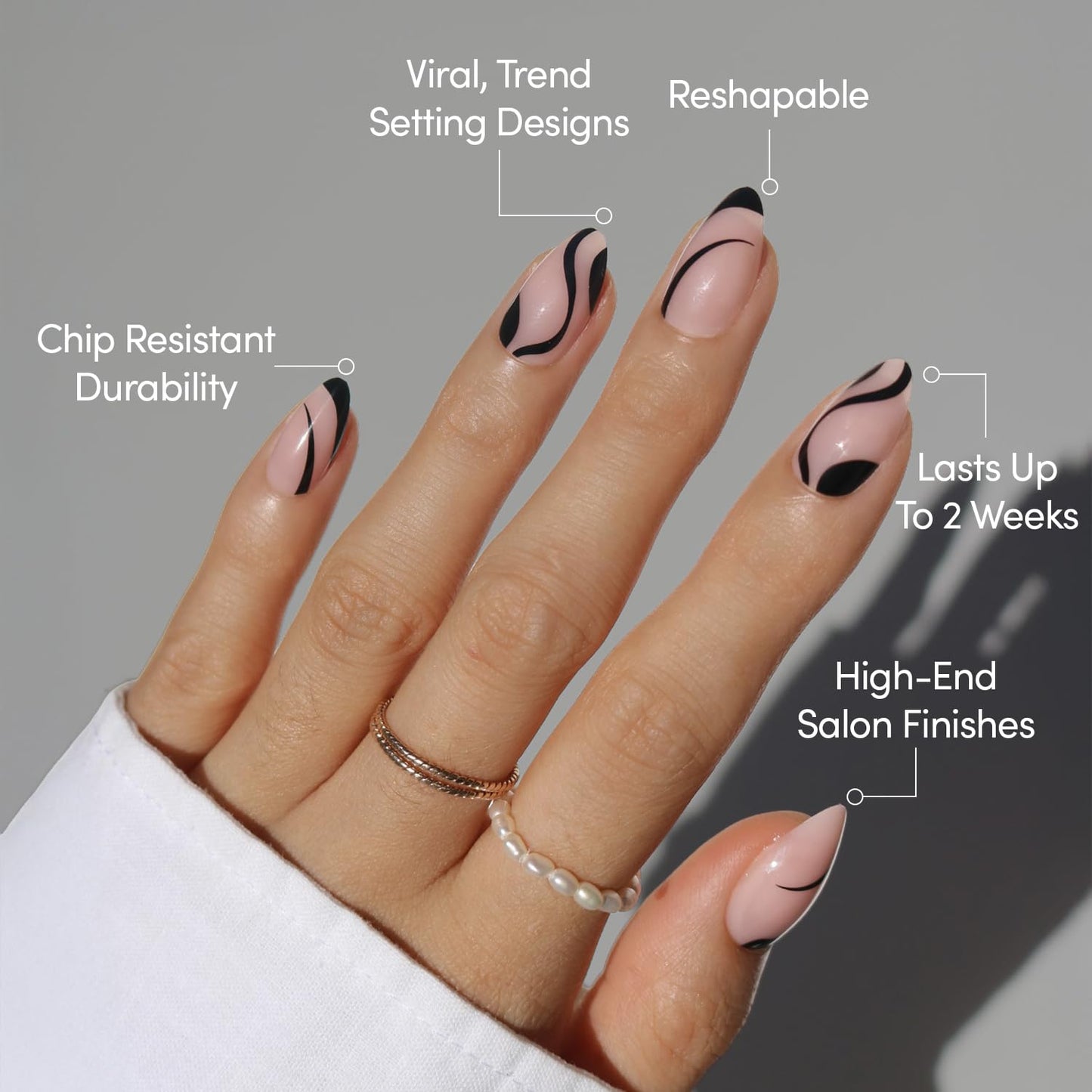 Glamnetic Press On Nails - Ink Wave | Short Almond Fake Nails with a Sheer Base, Black Swirl Designs in a Glossy Finish, Salon Quality | 15 Sizes - 30 Nail Kit with Glue