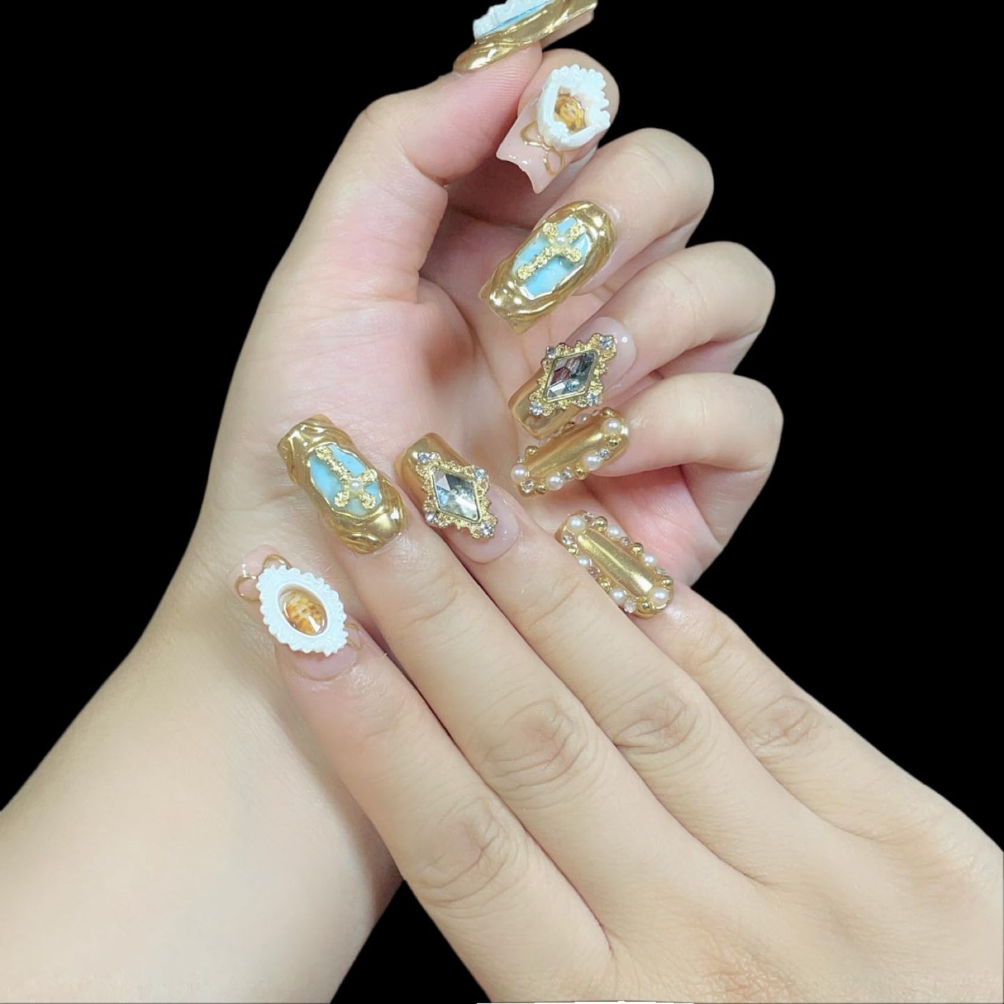 Handmade Press On Nails Luxury Baroque Gold Cross, Cherubs & Pearl Frames | Medium/Short Square | Reusable Thick Acrylic False Nails (Baroque, M)