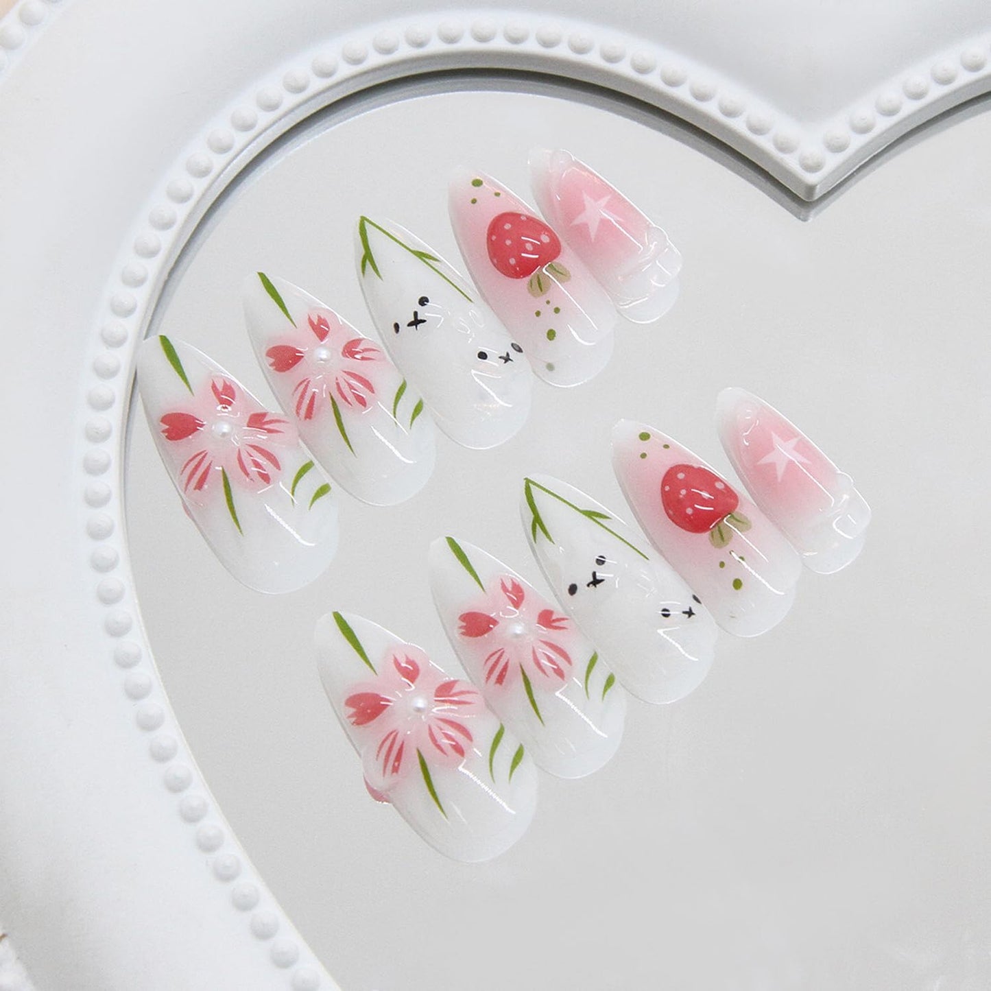 BSBTBZ Cute Rabbit 24pcs Medium Length Almond Shape Pink Flower Press On Nails with Pearls & Charms, Glossy Finish, Acrylic ABS Material, Full Cover Nail Tips, DIY Manicure, False Nails for Women