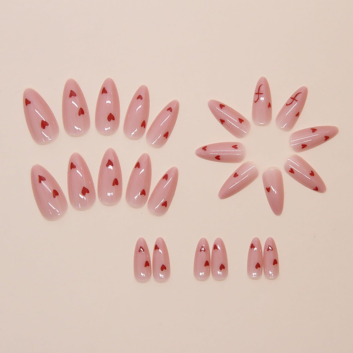 24Pcs Cute Heart Press on Nails Short Medium Valentines Fake Nails with Glue Nude Pink False Nails Almond Nails Press ons Reusable Stick on Nail Valentines Heart Glue on Nail for Women Girls
