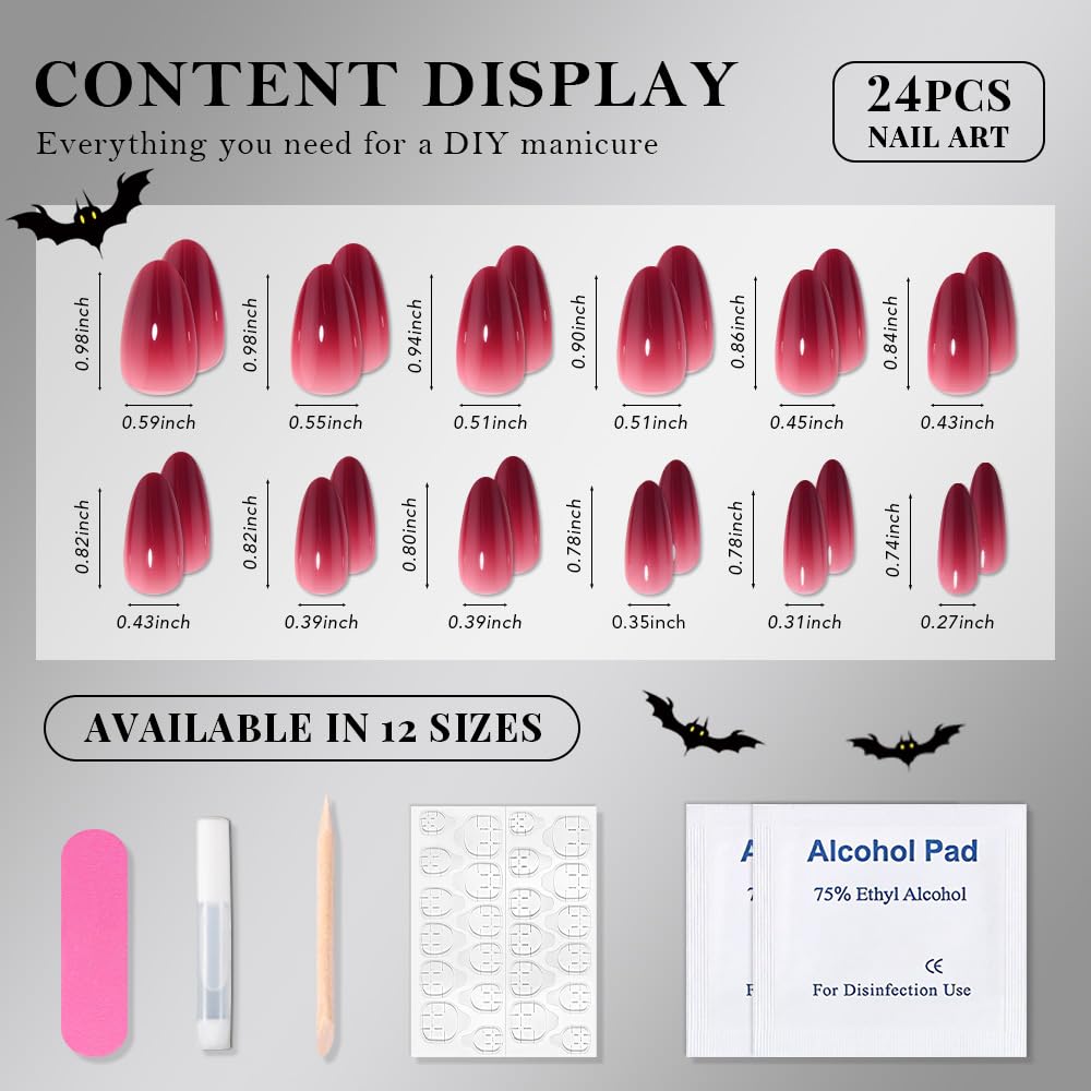 evpct Press on Nails Short Almond Ombre Design, Blood Red Ombre Glossy Artificial Acrylic Fake Nails Reusable with Kits Kit, Perfectly Fit Stick on Full Cover Soft Stick on False Nail for Women Girls