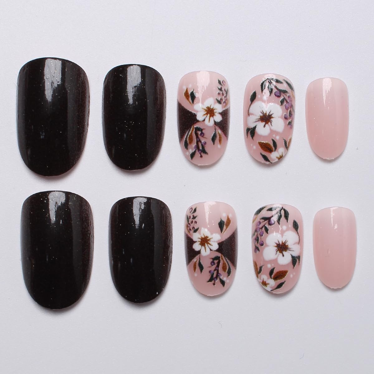Flower Press on False Nails Spring Fake Nails Medium Oval Glue on Nails with White Flower, Black Solid Designs Glossy Press ons Stick on Nail for Women Manicure 24Pcs