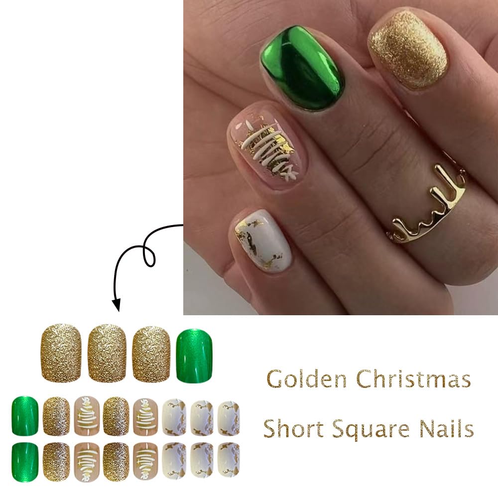 Christmas Green Press on Nails Short Fake Nails with Gold Glitter Designs Christmas Tree Full Cover False Nails for Women Winter Gradient Acrylic Nail Christmas Glue on Nails Holiday Kit 24Pcs