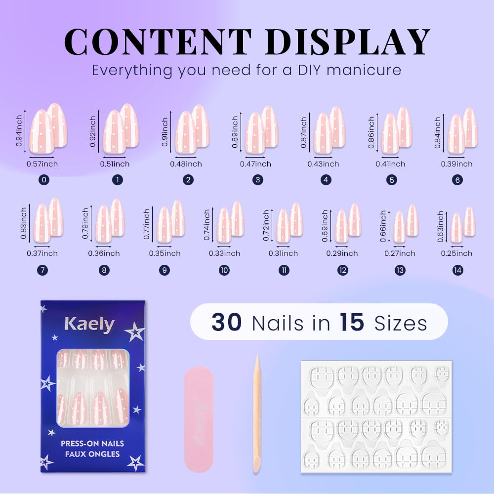 evpct Nude Pink Glazed Press on Nails Medium Almond No Glue, Medium Almond with White Dot Design Chrome Metallic Aurora Stick on Nail for Women, Reusable Full Cover Soft Press on Fake Nail