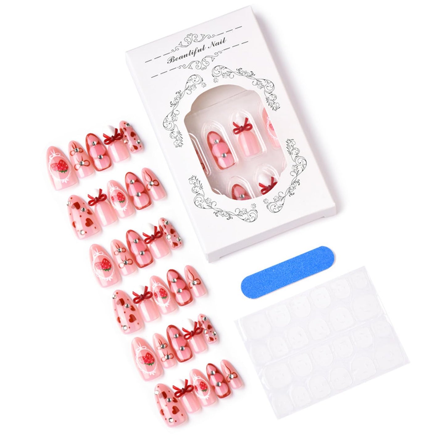 30Pcs Red Heart French Tip Press on Nails Valentine's Sweet Strawberry Medium Almond Fake Nails with 3D Rhinestones Design French Nails Handmade Romantic Bow Stick on Nails for Women