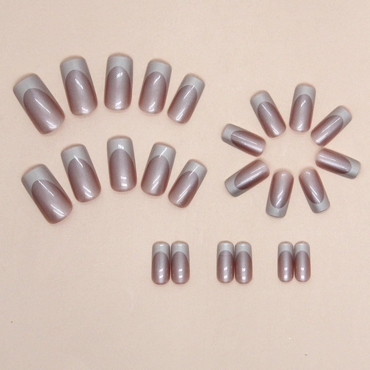 White French Tip Press on Nails - Medium Square Fake Nails with Chrome Design - Glossy Full Cover Stick on False Nails - for Women 24 Pcs
