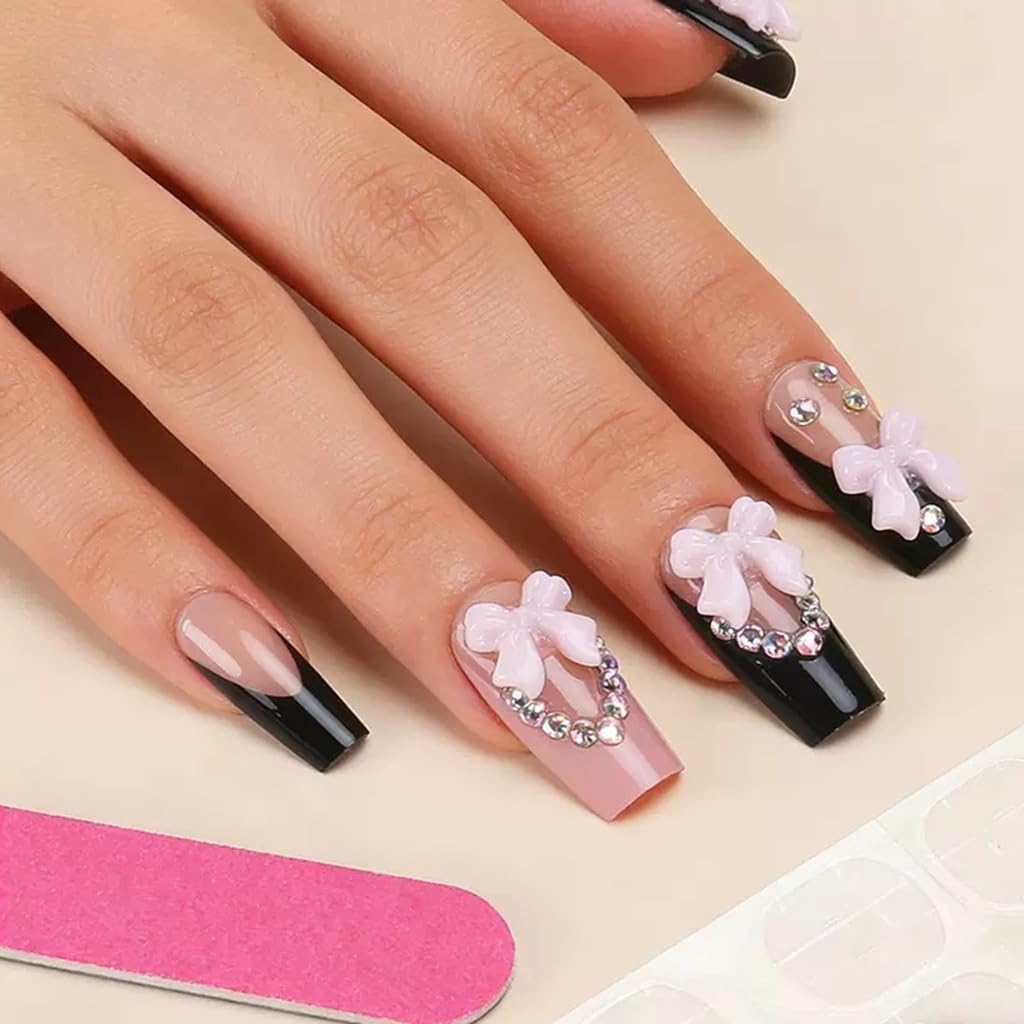 CTTHNBD Press on Nails Medium - Coffin Fake Nails with Bow Design - Pink, Black French Tip Stick on False Nails - for Women 24 Pcs