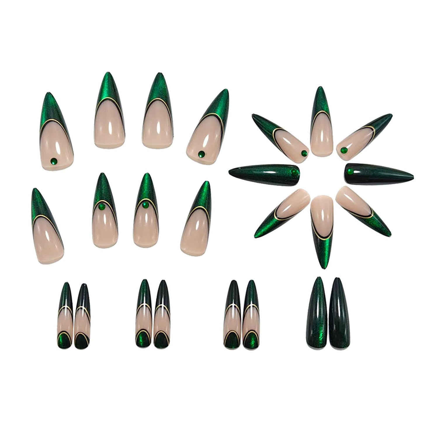 RUOKEXIN Long Stiletto Press on Nails French Tip Fake Nails Green Cat Eye False Nails with Rhinestones Designs Almond Nail Press ons Sparkly Artificial Nails for Women 24Pcs