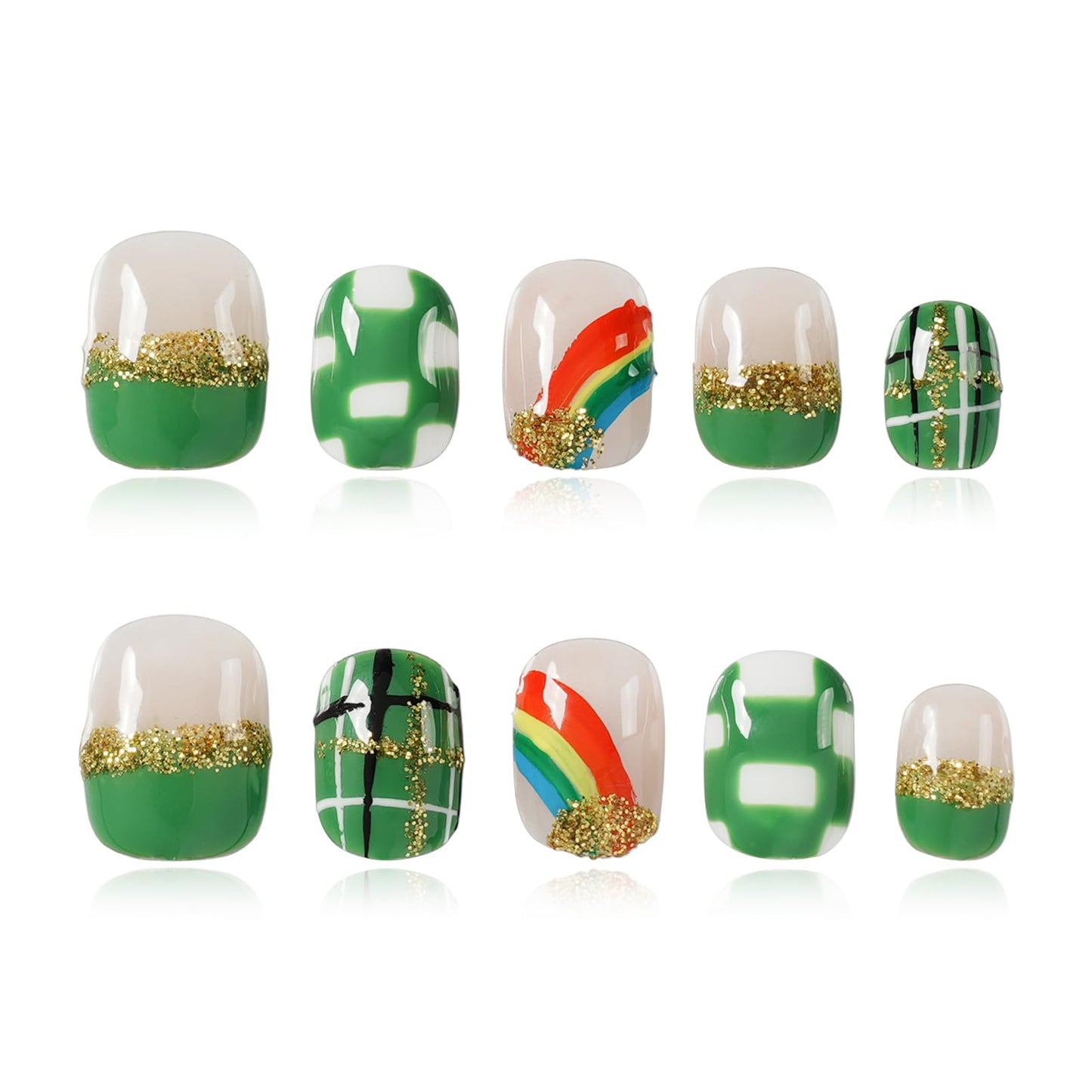 Tesytto Extra Short Press On Nails - Nude Base with Green French Tips & Gold Glitter, Hand-Painted Plaid & Rainbow,Easy to Apply & Remove (Size S)