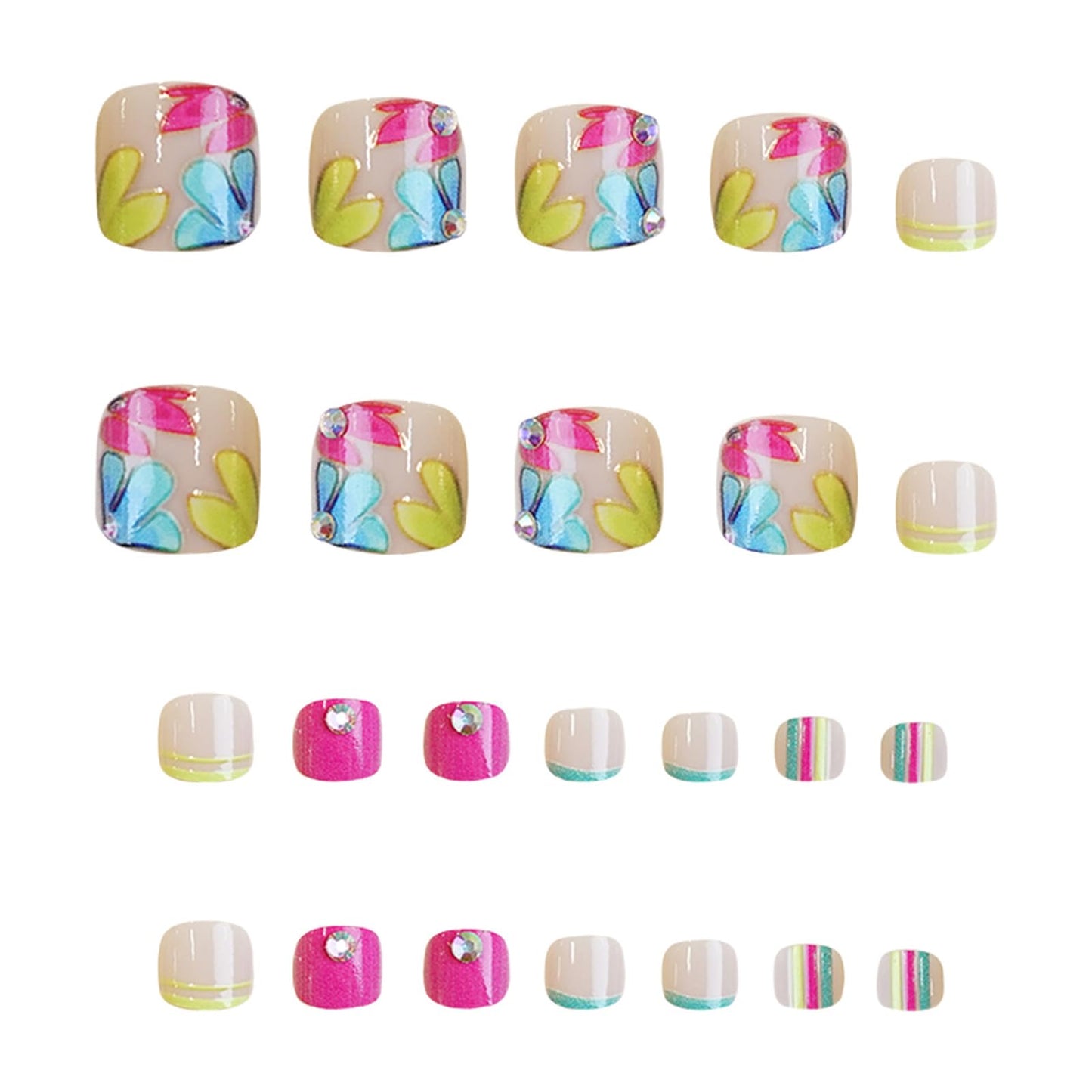 IMRAIN Press on Toenails Short Square Fake Toe Nails Pink Blue Yellow French Tips False Toenails with Flower Designs Full Cover Summer Glossy Glue on Toe Nails for Women 24Pcs