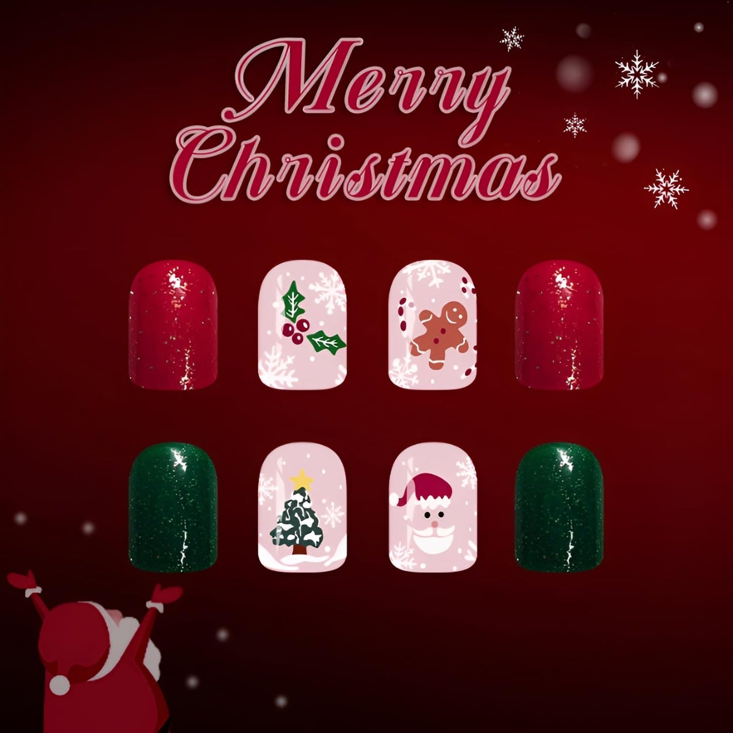 Christmas Press on Nails Short Holiday Fake Nails with Gingerbread Man Christmas Tree Santa Claus Design Square Green Red Nails Press ons Snowflake False Nails Glitter Glue on Nail for Women 24Pcs