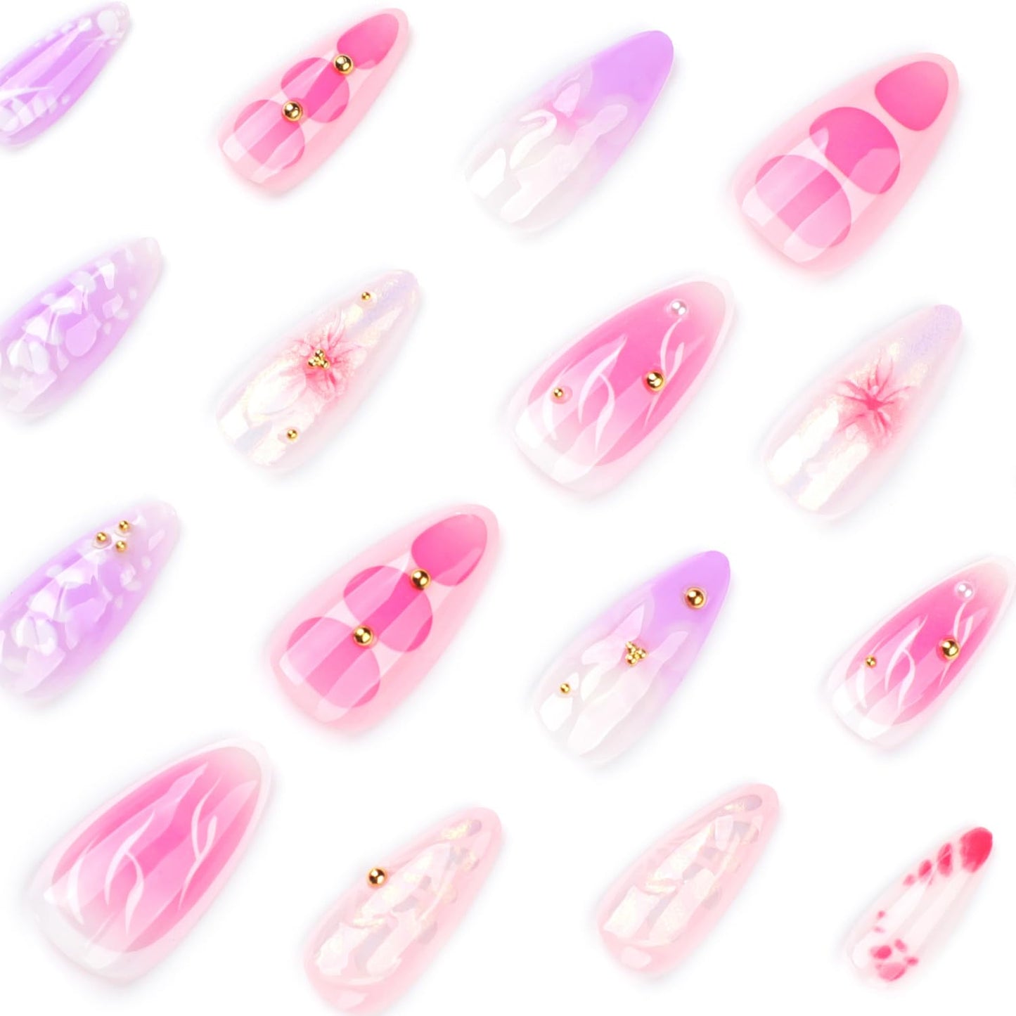 24Pcs Pink Press on Nails Medium Almond Fake Nails Glossy Glitter 3D Gold Steel Balls Design Full Cover Acrylic False Nail Flower Butterfly Pink Gradient Nail Art Almond Nail Stick on for Women