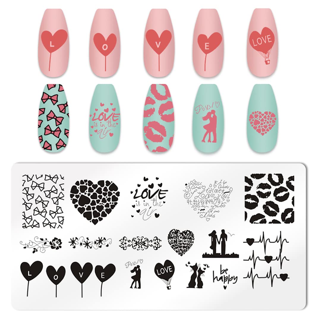 JERCLITY 6pcs Valentine's Day Love Heart Nail Stamping Plate Nail Stamping Kit for Nails Love Heart Image Plates Nail Art Design Nail Stamper Kit for Women