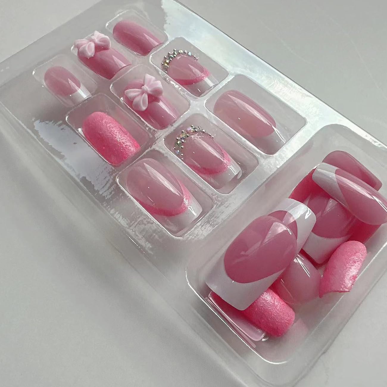 French Tip Press on Nails with Charms Short Fake Nails, French Nails Press ons Cute Pink Bow Stick on Nails Medium Square Shape Glossy Sparkly Full Cover Glue on Nails for Women Daily Wear 24 pieces