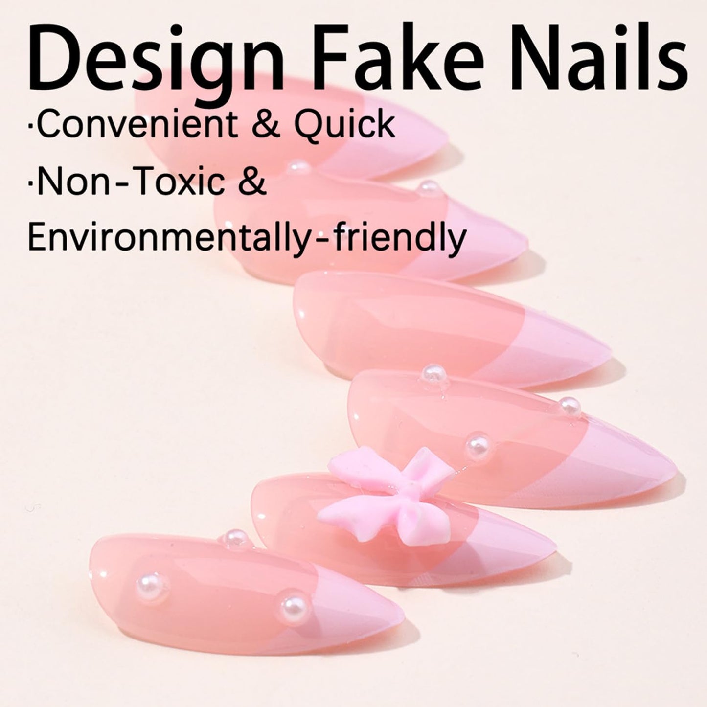 24Pcs French Press on Nails Almond Fake Nails with Bow Pearl Design Pink French Tip False Nails Cute Pink Press on Nail Tips Glossy Artificial Nails Acrylic Stick on Nail for Women Manicure