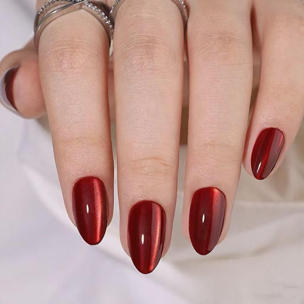 Red Magnet Short Almond Press on Nails - Aurora Mirror Chrome Cat Eye & Glitter Soft Gel Reusable Fake Nails for Women Girls, Daily Party Date, 32 Pcs 16 Sizes with Glue Kit