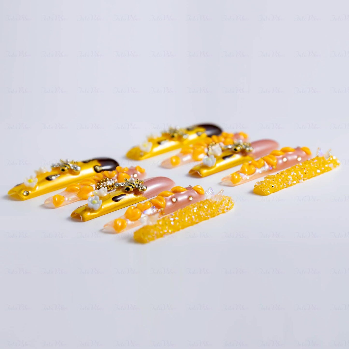 IntoVibes 10 Pieces Handmade Luxury Long Press On Nails With Square Design, Sunflower And Bee Accessories, Yellow Thickened False Nails, Reusable Fake Nails, Acrylic Nails (M)