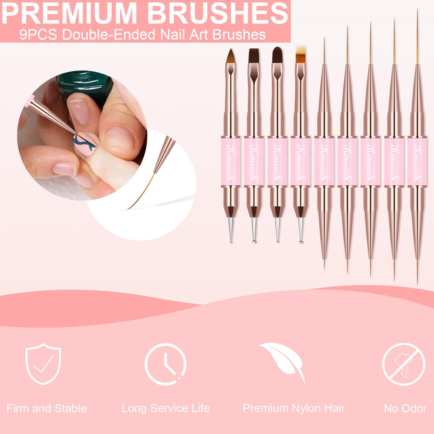 KEMEISI Nail Art Brush Set, 9PCS Double-Ended Acrylic Liner Brush Dotting Pen for Gel Polish, Nail Design Tools for Professional Manicure DIY Home Salon