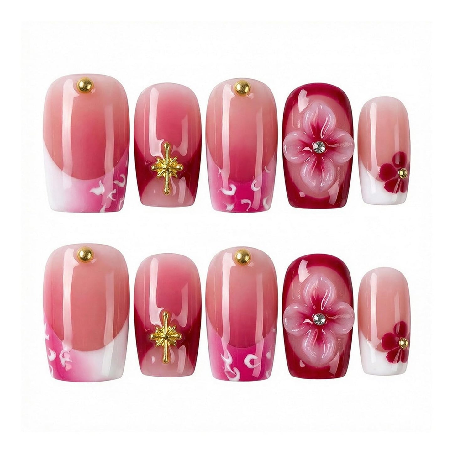 Flower Handmade Press on Nails Gradient Square 3D Flowers Rhinestones Design Fake Nails with French Tips Short Salon Quality Reusable Acrylic Nail Kit for Women 10 Pcs (S)