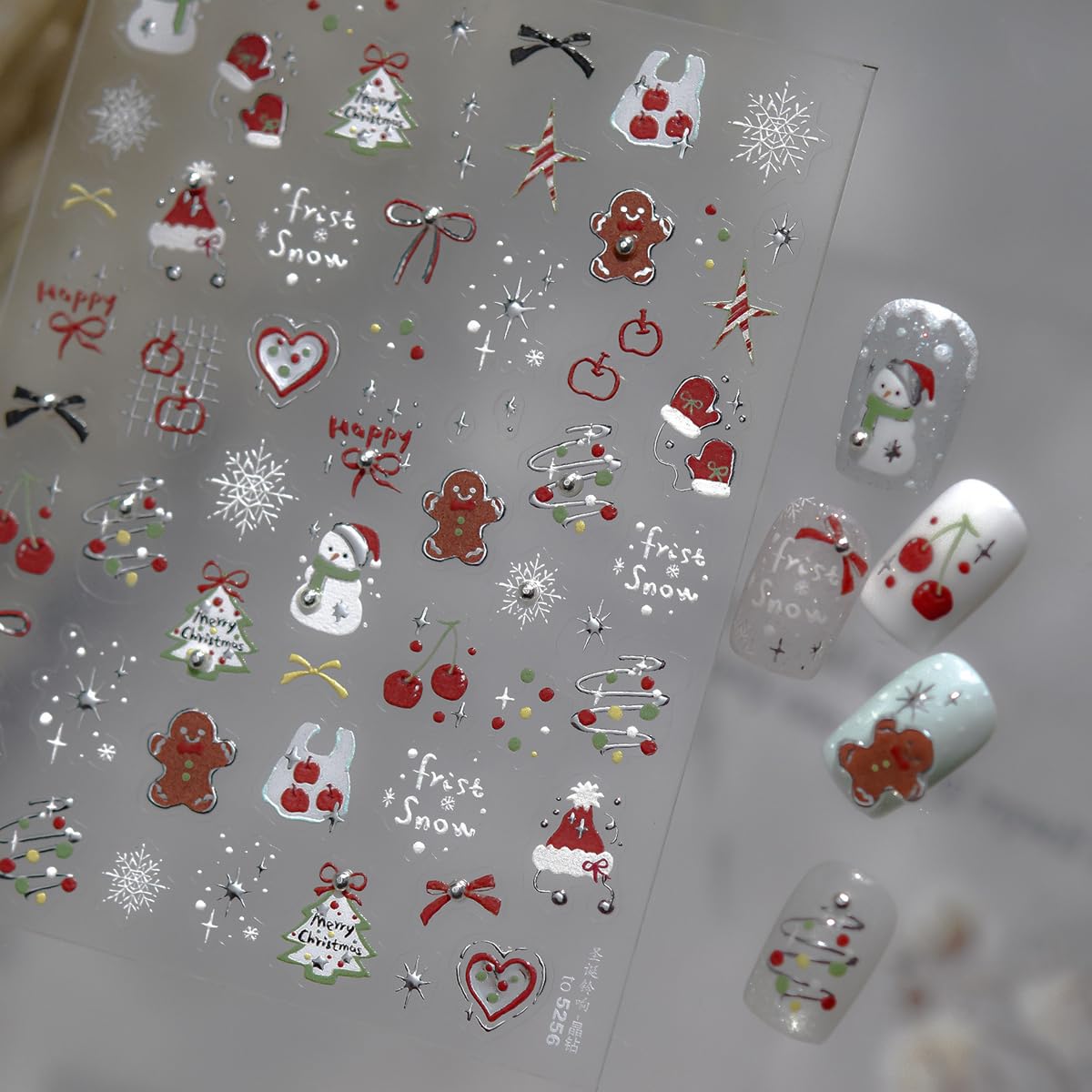 Christmas Nail Stickers for Nail Art Santa Hat Gloves Snowman Snowflake Gingerbread Cherry Bow Nail Decals Xmas Stickers for Nails Design 3D Self Adhesive Nail Art Decorations for Women Girls 1 Sheet