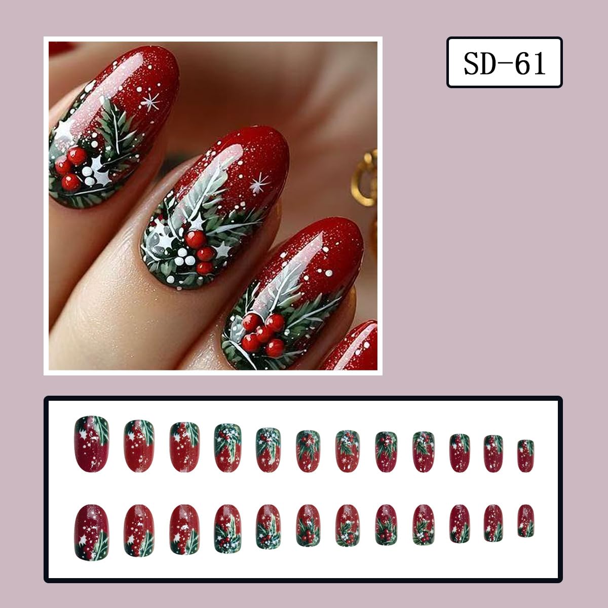 Red Christmas Press on Nails Holly Short Fake Nails with Snowflake Designs Winter Oval Shaped False Nail Xmas Nails Press ons Artificial Full Cover Glue on Nail for Women Holiday Manicure Kit