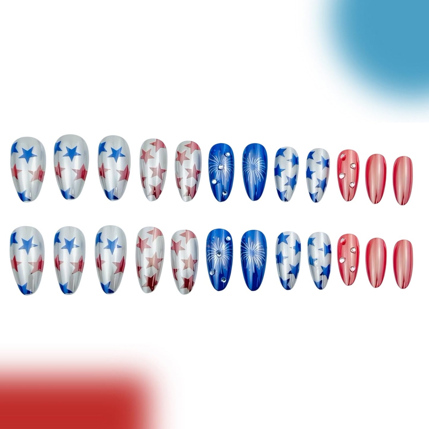 Independence Day Electroplating Press on Nails Medium Almond Fake Nails July 4th Fireworks False Nails with Rhinestones Design Stick on Nails for Women Girls Manicure Decoration 24 Pcs