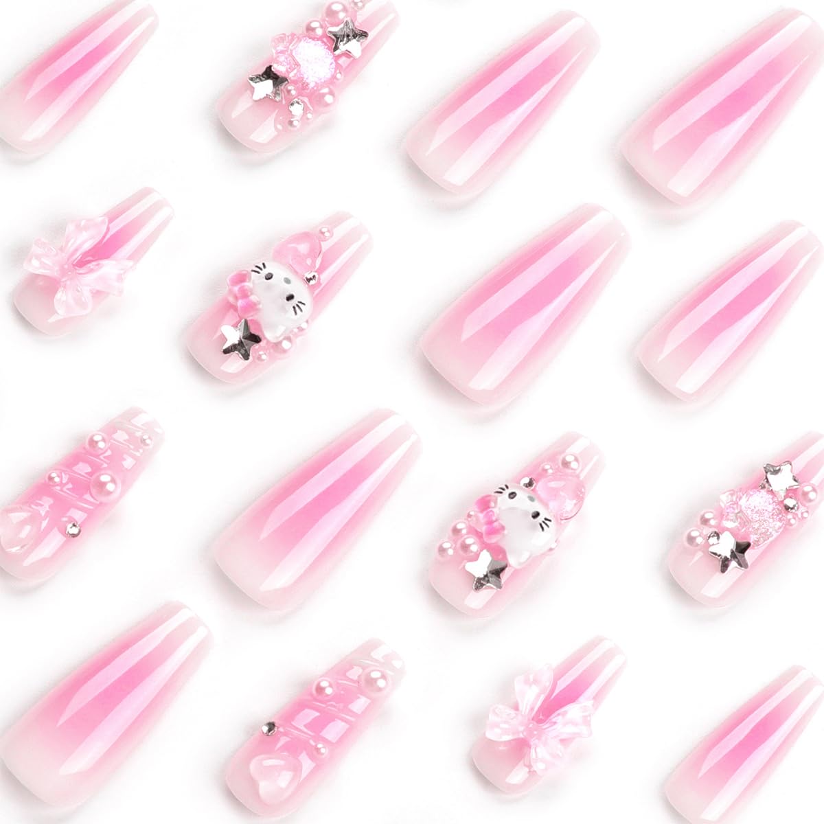 YKLWNN 24Pcs Pink Press on Nails Long Square Fake Nails with Cute Nails Rhinestones Design Acrylic Glue on Nails Full Cover Y2K False Nails Pink Artificial Nails for Women Girls Nail Decoration