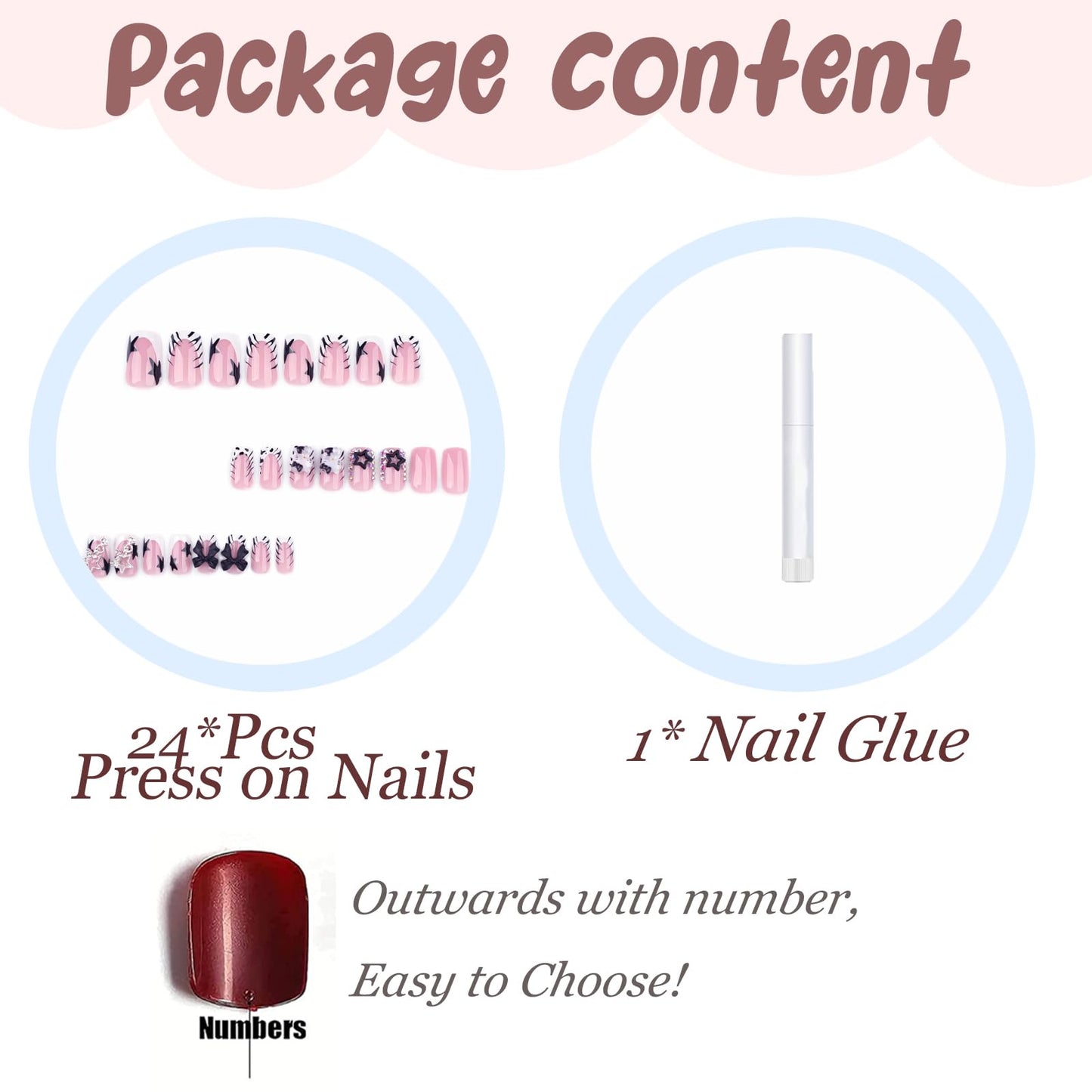 BABALAL French Tip Press on Nails Short Square Fake Nails with Bow Charms Designs Black White Zebra Print False Nails Silver Star Y2k Acrylic Nail Handmade Stick on Nails for Women Girls Kids 24Pcs