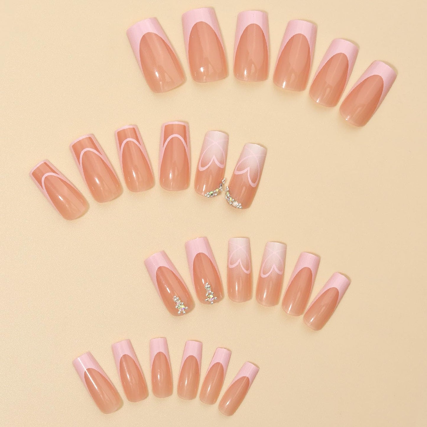 Medium Press on Nails Square Glue on Nail Light Pink French Fake Nails 3D Rhinestones Acrylic Nails Heart False Nails Cute & Reusable Stick on Nail for Women 24 Pcs