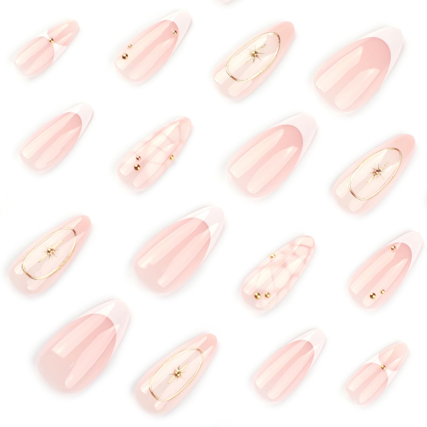 Mivota French Press On Nails Almond Medium, Fall Fake Nails Adorned with White Petal Accents and 3D Gold Lines Design, Glossy Gel Finish Acrylic Nails, Reusable Glue On Nails for Women, 24Pcs