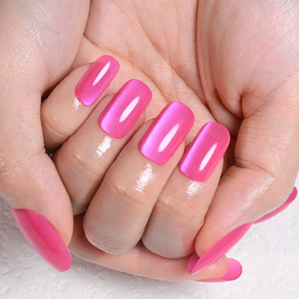 evpct Hot Pink Cat Eye Square Medium Press on Nails for Women, Rose Red Medium Square No Glue Stick on Nails with Cat Eye Design, Holographic Glossy Soft Nail, Reusable Press on Acrylic Fake Nail