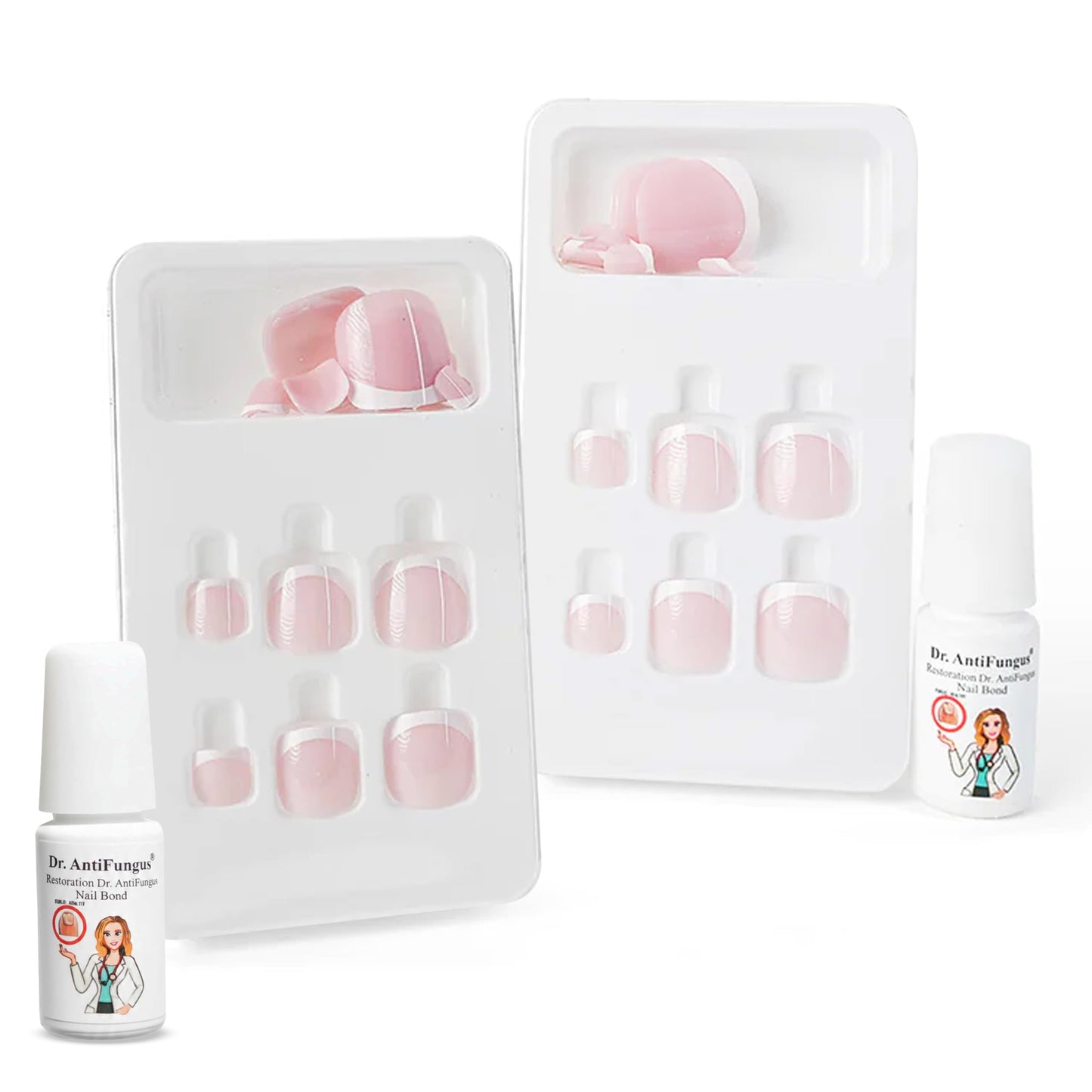 Dr. Antifungus - Press On Toe Nails Kit for Damaged Nails - 4 Sets Medium Oval Fake Toe Nails with Restorative Nail Bond Solution - Strong Glue-On for Women - Nail Repair - Red/Nude