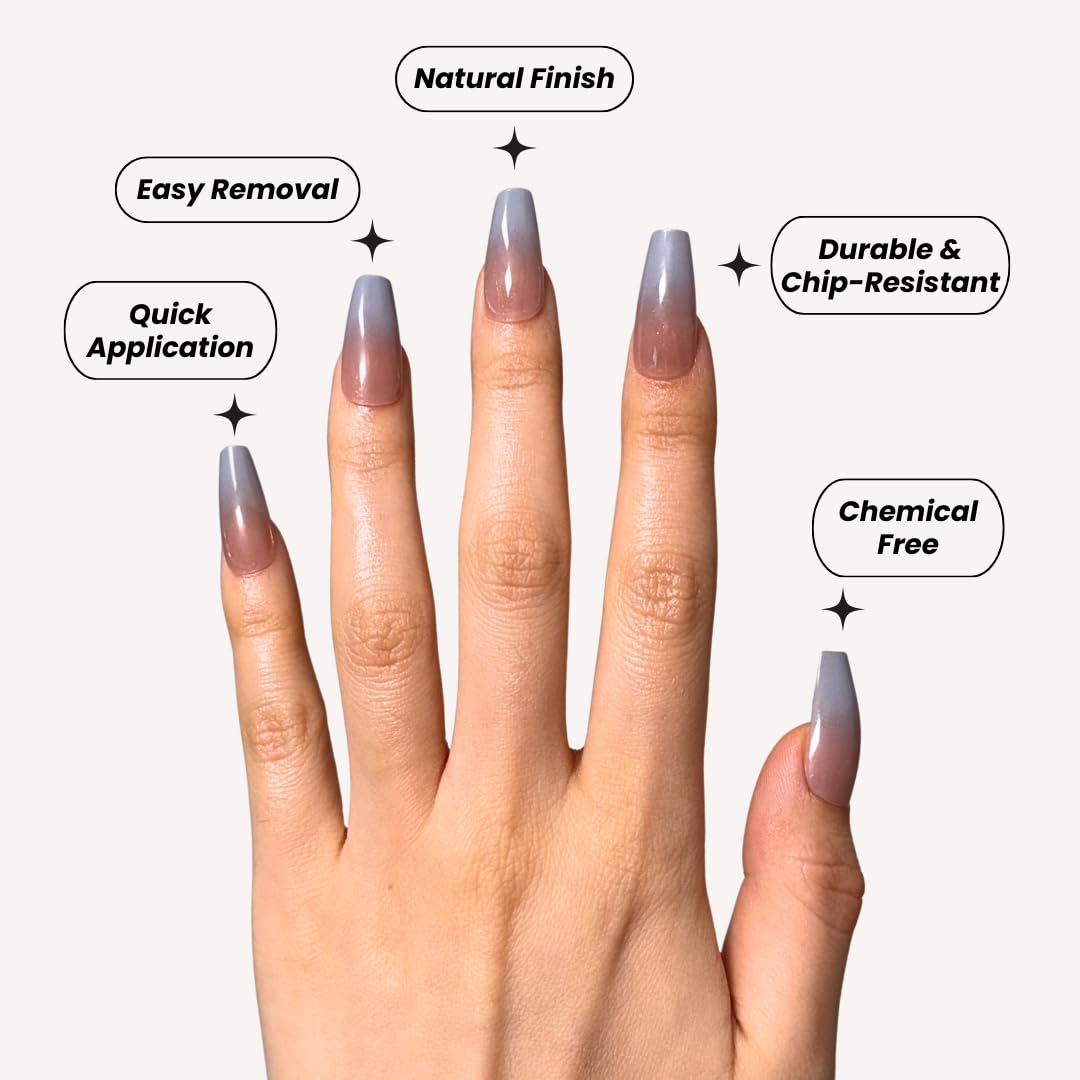 Press On Nails PerfectLook - Moon Fade | No Glue One-Day Long Coffin Nails, Grey Ombre Glossy Fake Nails - 24 Pcs Nail Kit with Adhesive Tabs
