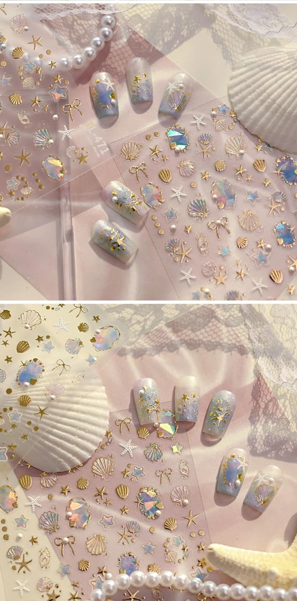 Summer Ocean Nail Art Stickers 5D Embossed Seashell Starfish Nail Stickers Gold Foil Nail Decals with Bow Design Self-Adhesive Y2K Nail Accessories for Women Girls DIY Manicure 1 Sheet