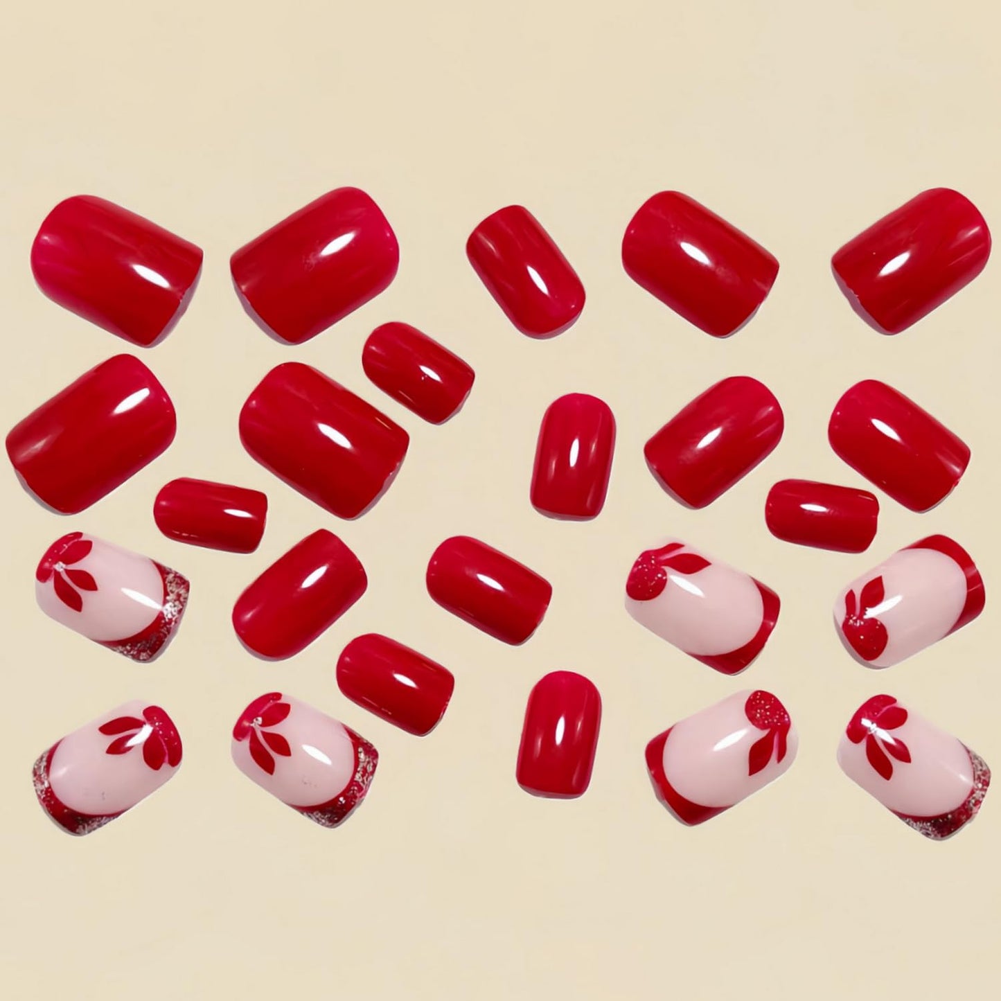 Red Press on Nail Short Square Fake Nails French Tip with designs Flower Acrylic Stick on Nail Glitter Artificial Glossy Cute False Nails Full Cover Reusable Glue on Nails for Women Spring Summer