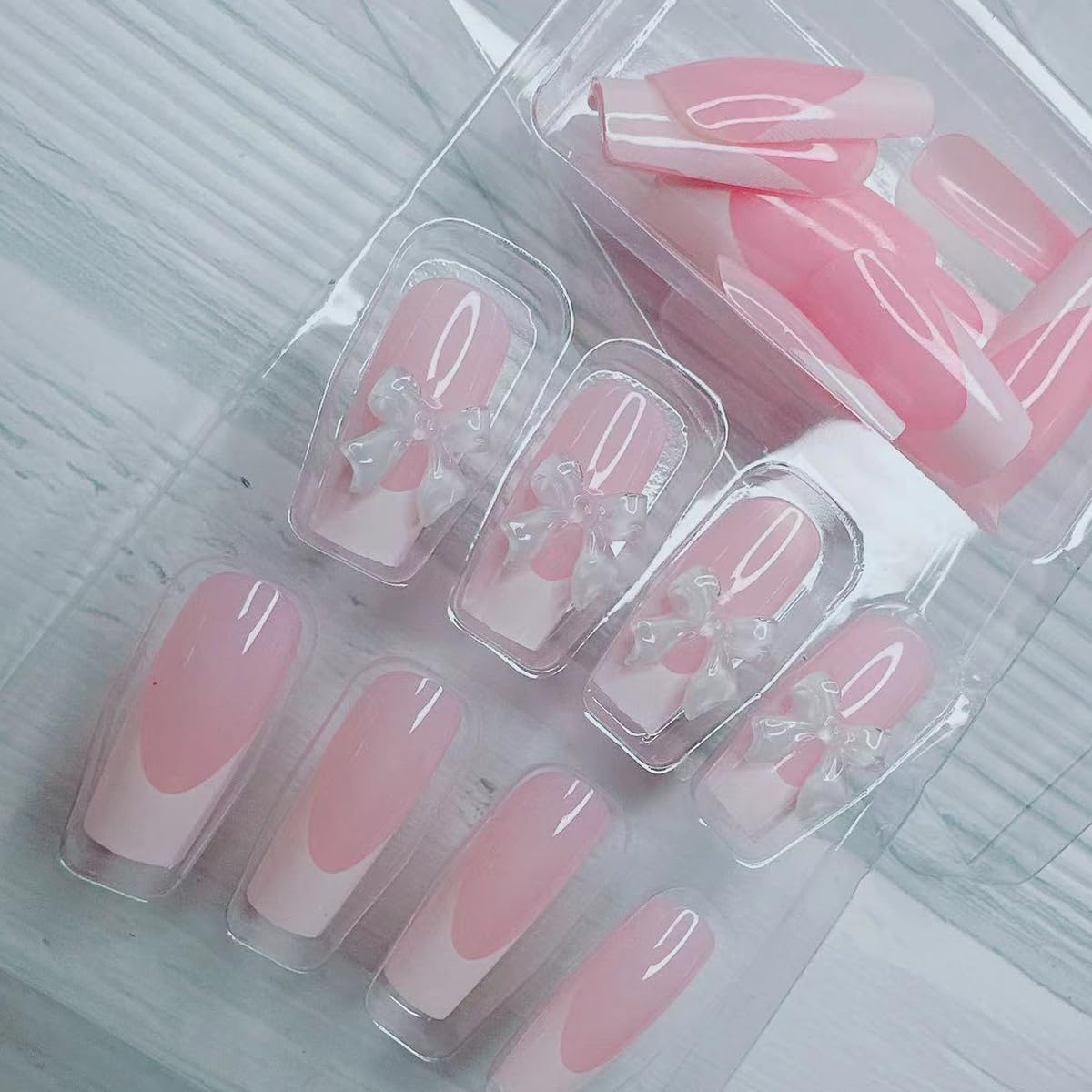 24pcs French Tip Press On Nails - Medium Length Almond Fake Nails With White Tips, Bow Charms & Nude Color Acrylic Finish - Perfect For Daily Wear & Manicure