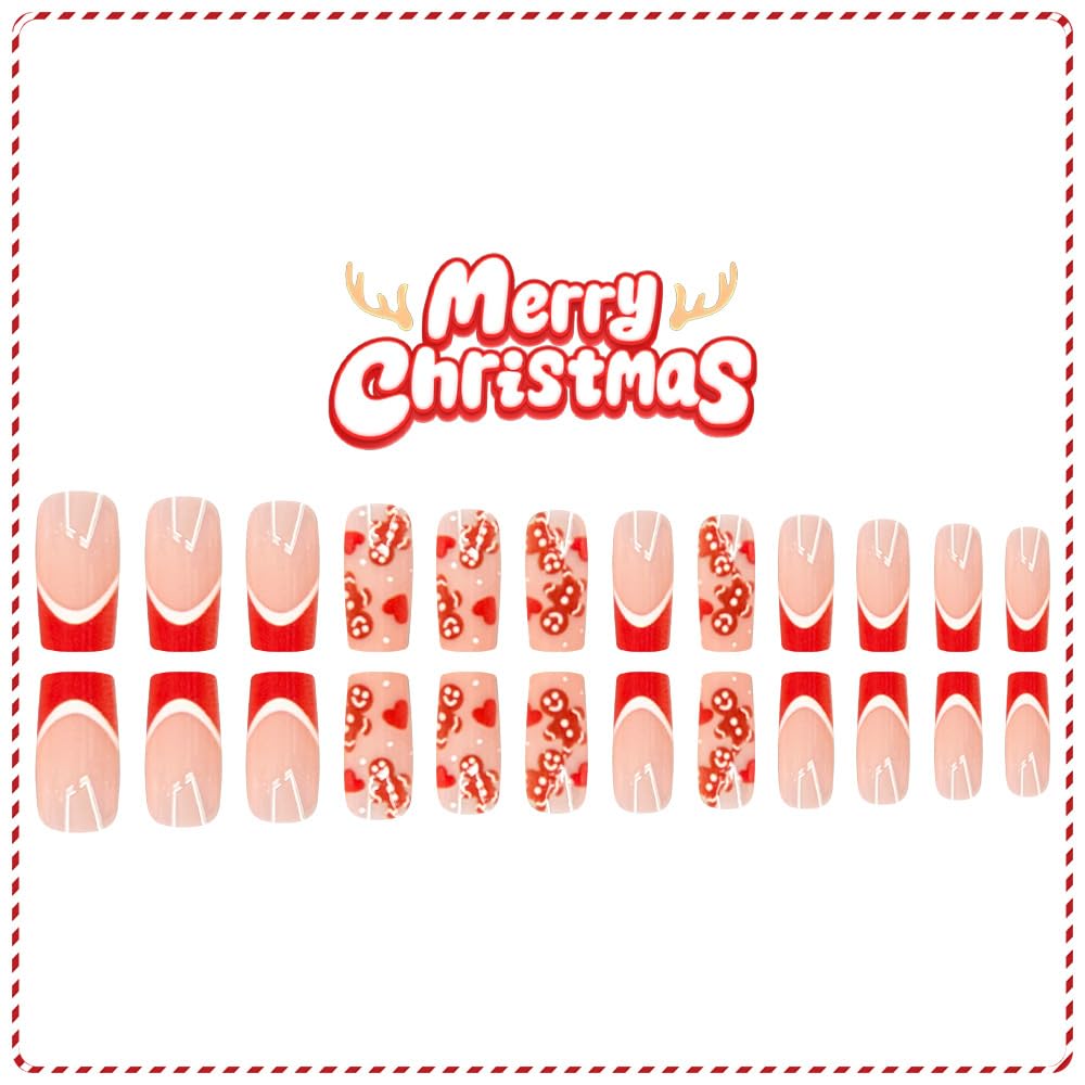24Pcs Christmas Medium Press on Nails Red French Tip Fake Nails Heart Square False Nails with Gingerbread Man Designs Nude Pink Full Cover Glue on Nail Christmas Stick on Nails for Women